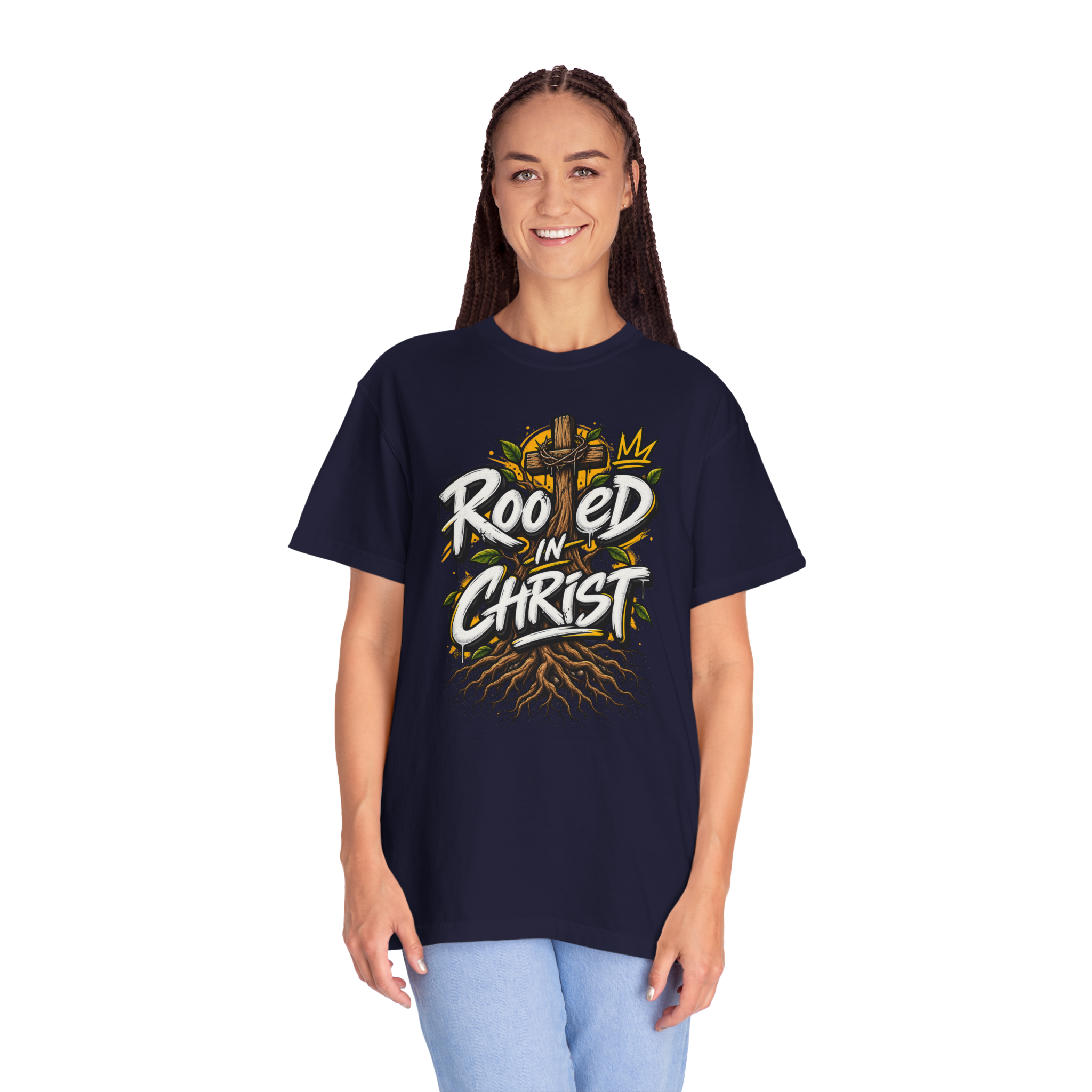 Unisex true navy t-shirt featuring a vibrant graffiti-style 'Rooted in Christ' design with a cross, tree roots, and a crown.