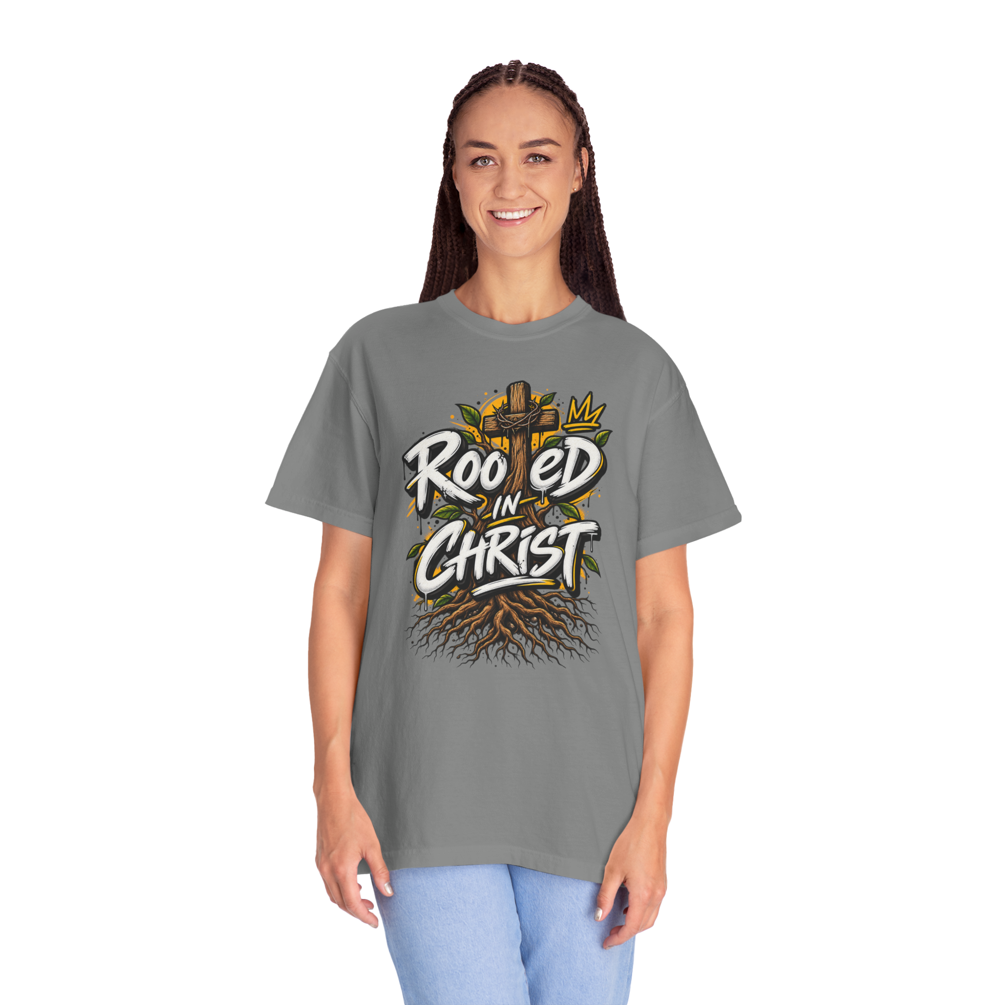 Unisex grey t-shirt featuring a vibrant graffiti-style 'Rooted in Christ' design with a cross, tree roots, and a crown.