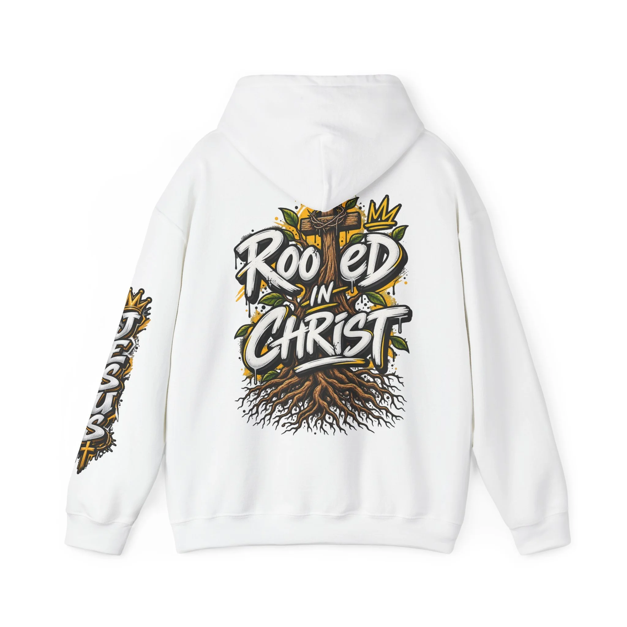 Unisex black hoodie featuring a vibrant graffiti-style 'Rooted in Christ' design with a cross, tree roots, and a crown.