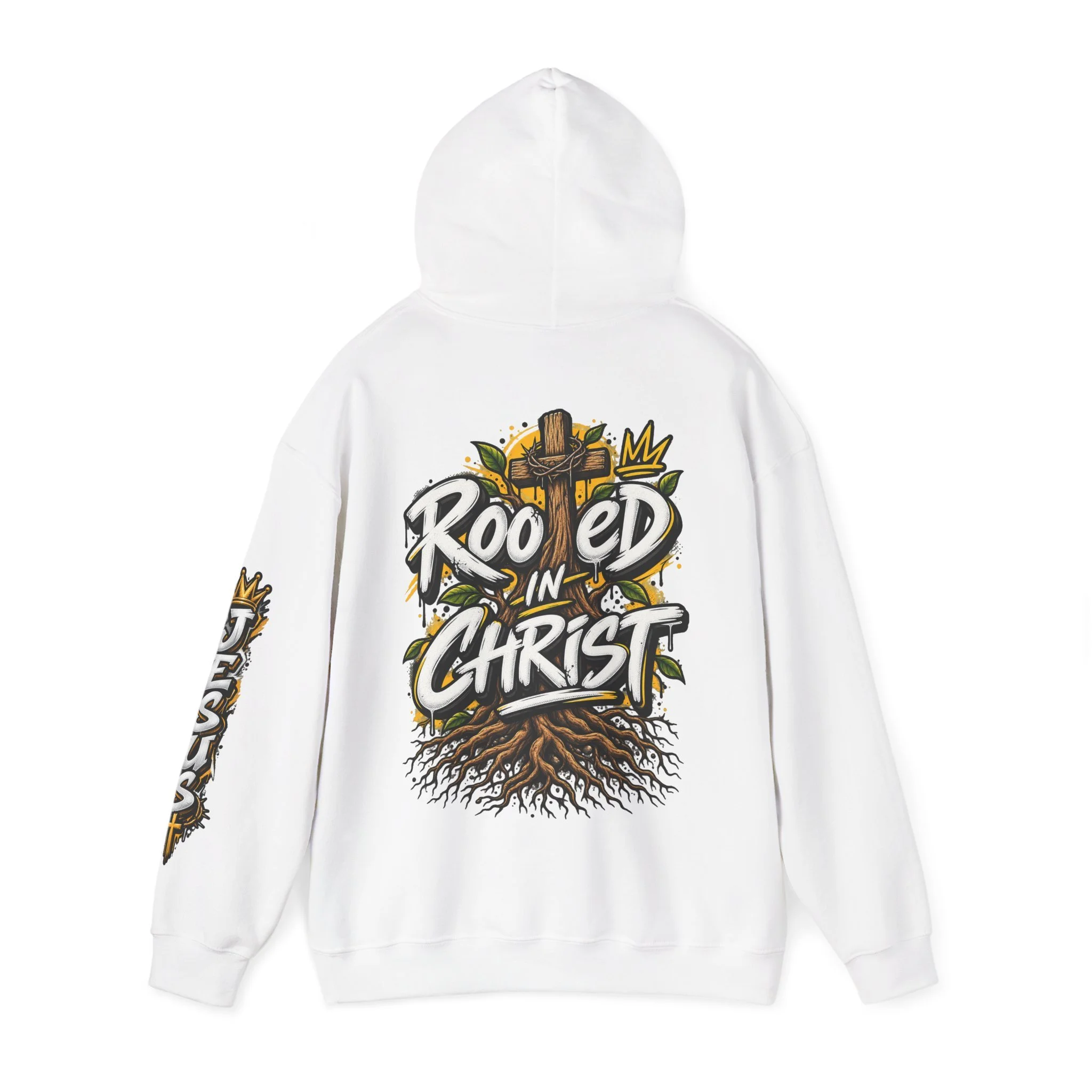 Unisex black hoodie featuring a vibrant graffiti-style 'Rooted in Christ' design with a cross, tree roots, and a crown.