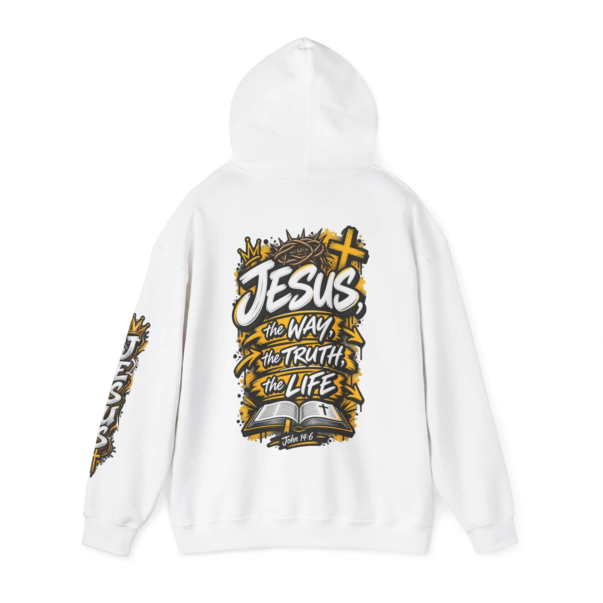 Unisex hoodie with bold yellow and white graffiti art featuring a crown of thorns, a cross, an open Bible, and the text 'Jesus, The Way, The Truth, The Life'.