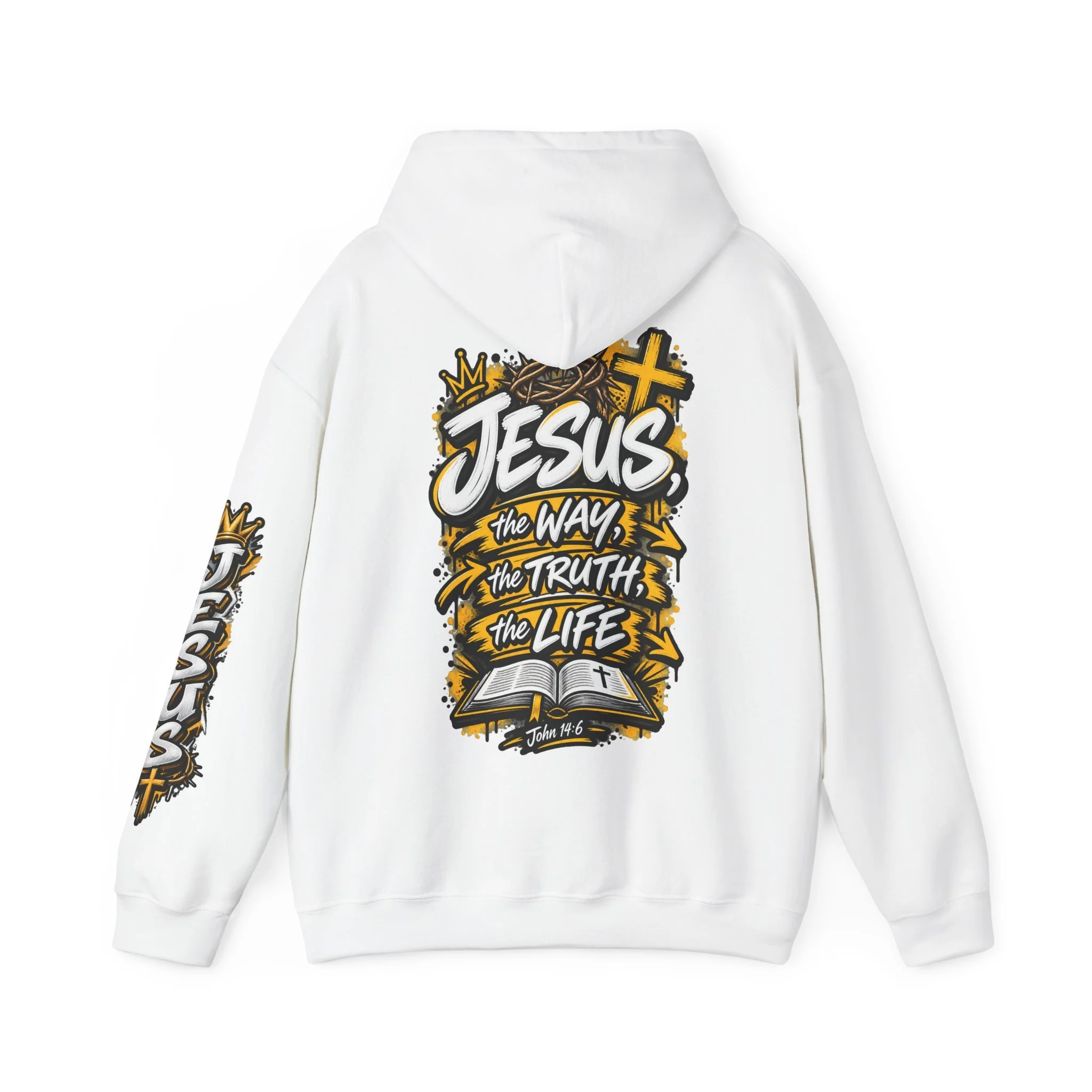 Unisex hoodie with bold yellow and white graffiti art featuring a crown of thorns, a cross, an open Bible, and the text 'Jesus, The Way, The Truth, The Life'.