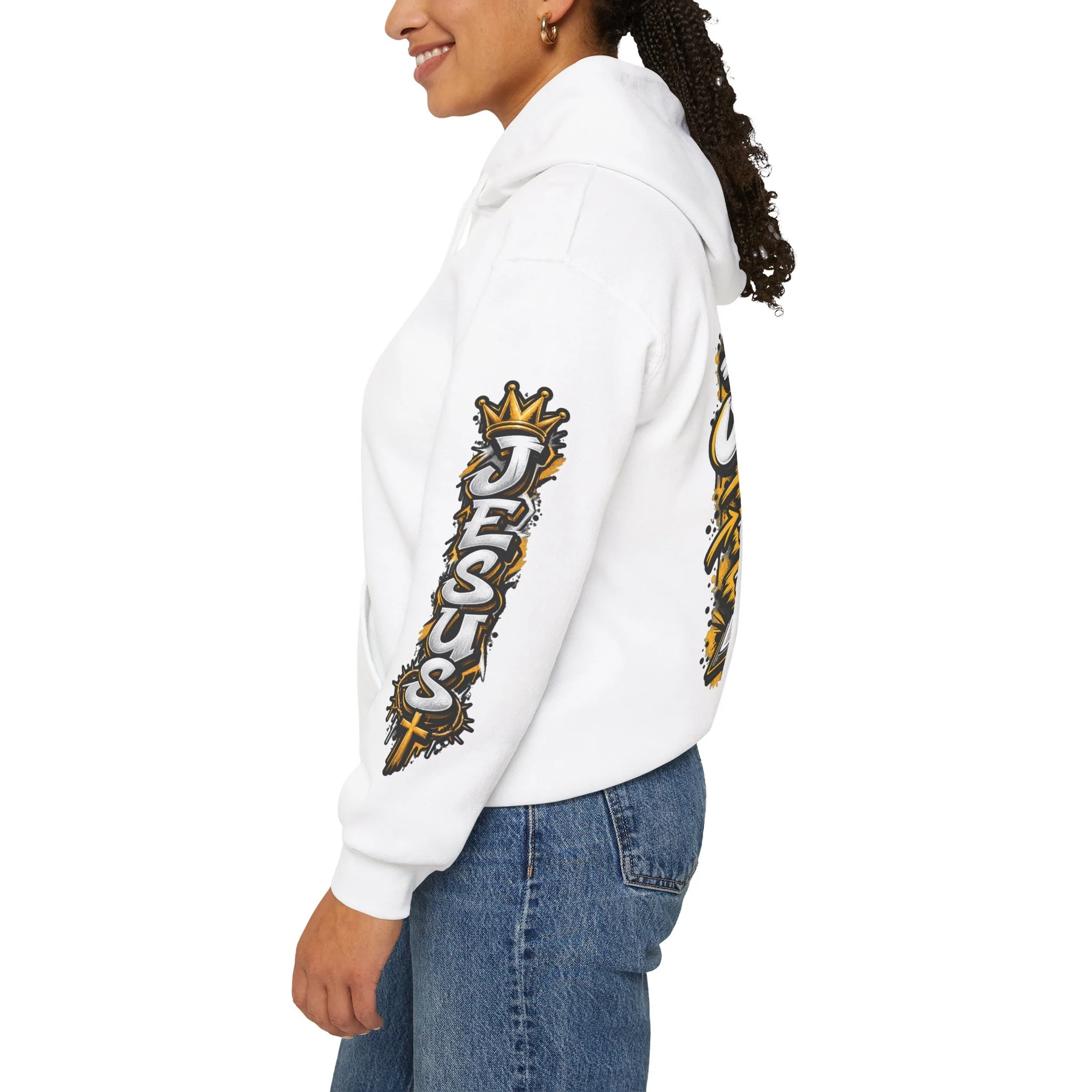 Unisex hoodie with bold yellow and white graffiti art featuring a crown of thorns, a cross, an open Bible, and the text 'Jesus, The Way, The Truth, The Life'.