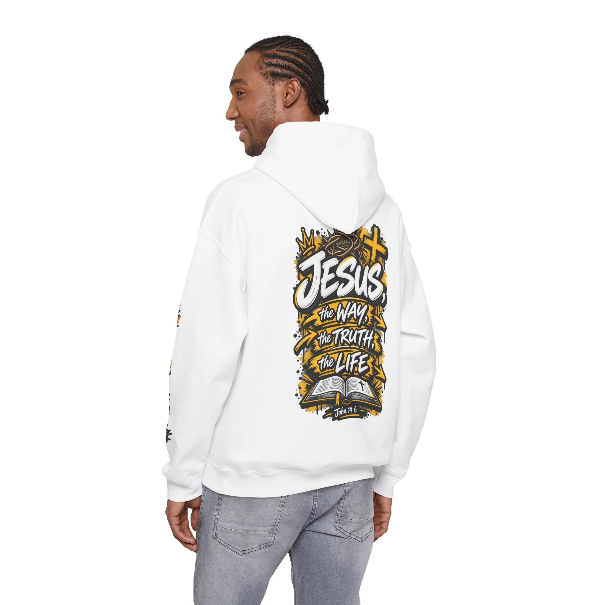 Unisex hoodie with bold yellow and white graffiti art featuring a crown of thorns, a cross, an open Bible, and the text 'Jesus, The Way, The Truth, The Life'.