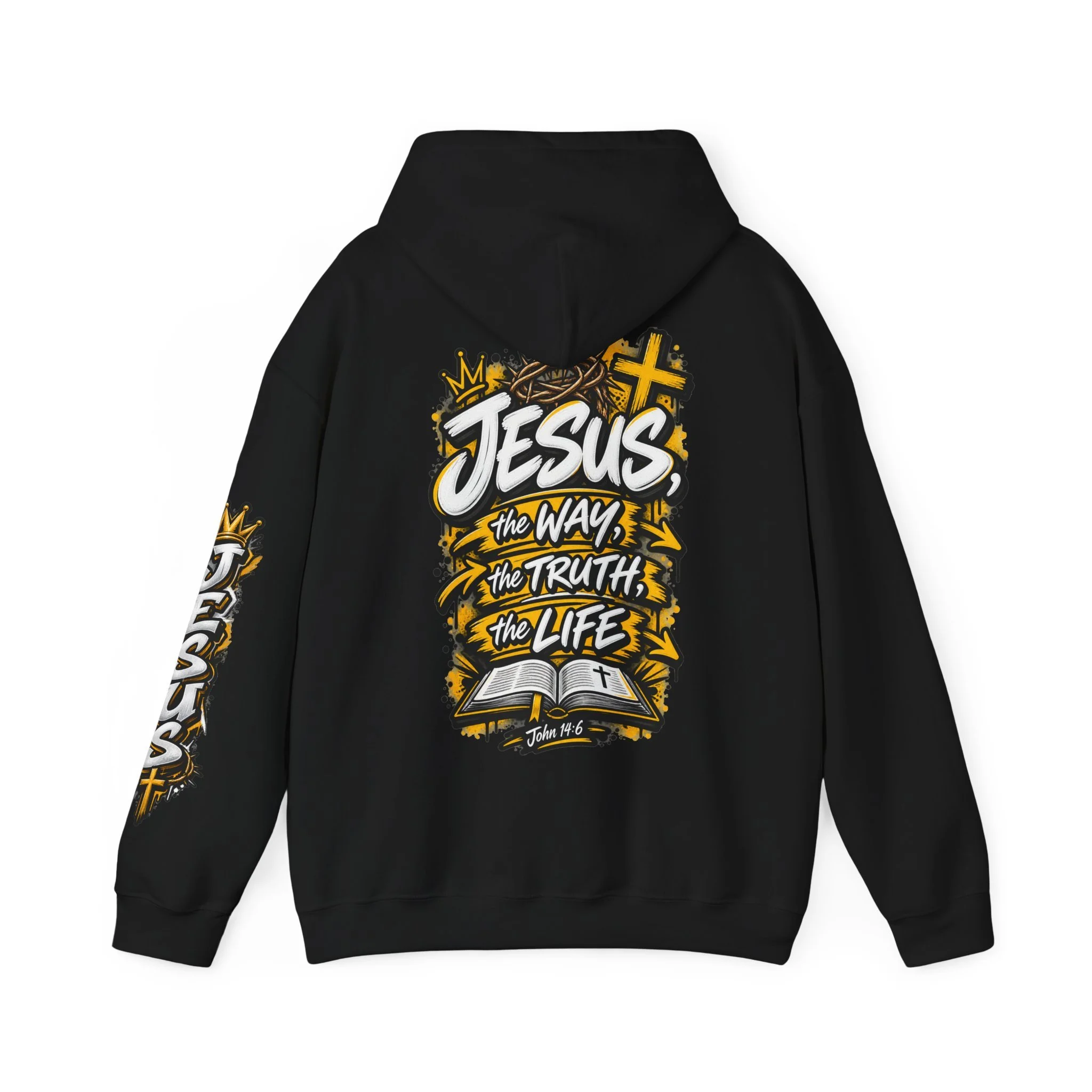Unisex hoodie with bold yellow and white graffiti art featuring a crown of thorns, a cross, an open Bible, and the text 'Jesus, The Way, The Truth, The Life'.