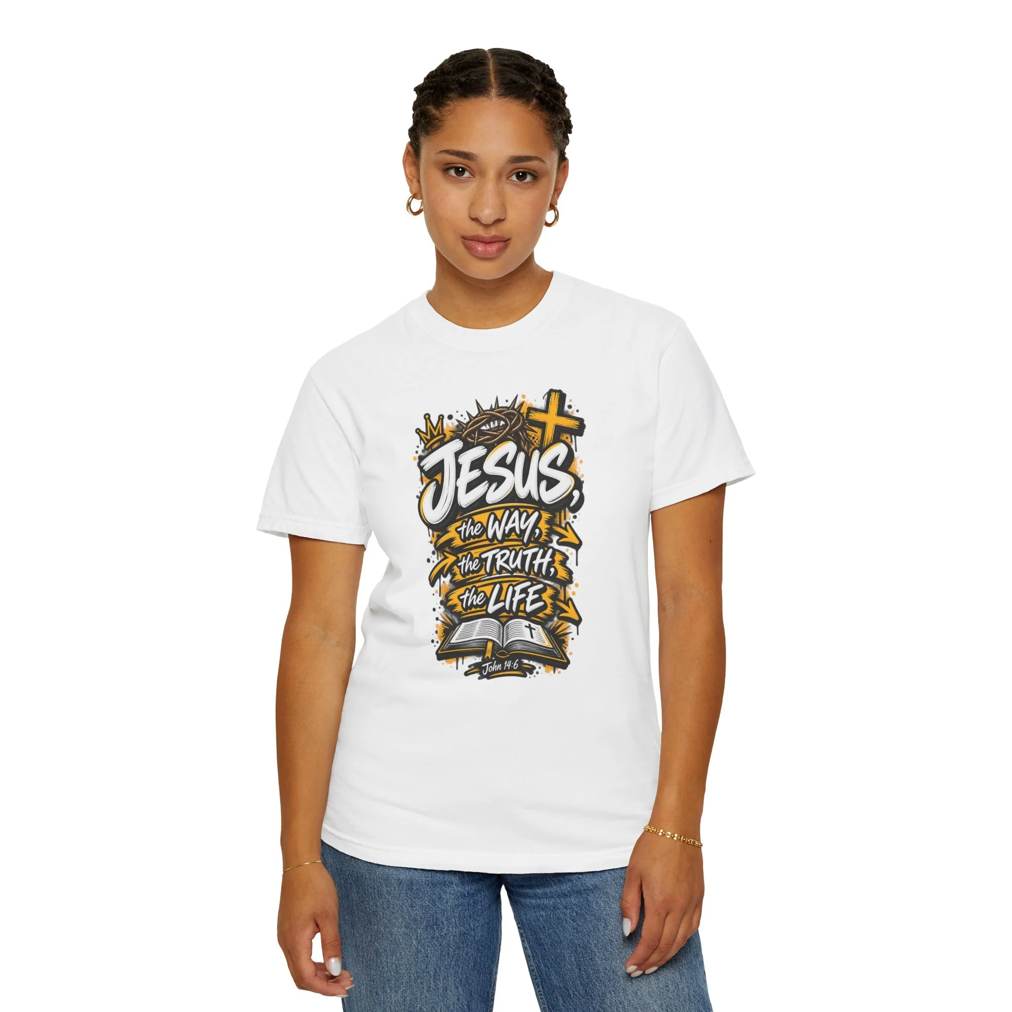 Unisex t-shirt with bold yellow and white graffiti art featuring a crown of thorns, a cross, an open Bible, and the text 'Jesus, The Way, The Truth, The Life'
