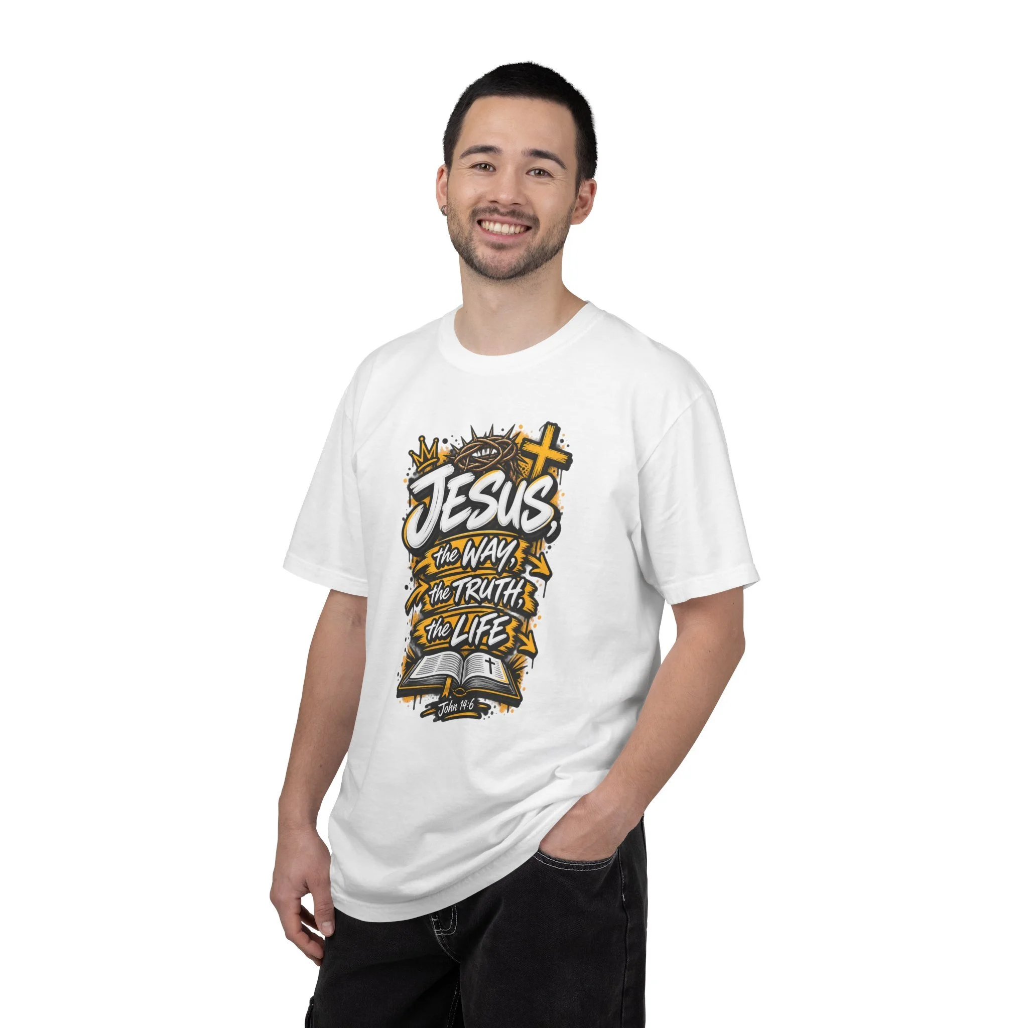 Unisex t-shirt with bold yellow and white graffiti art featuring a crown of thorns, a cross, an open Bible, and the text 'Jesus, The Way, The Truth, The Life'