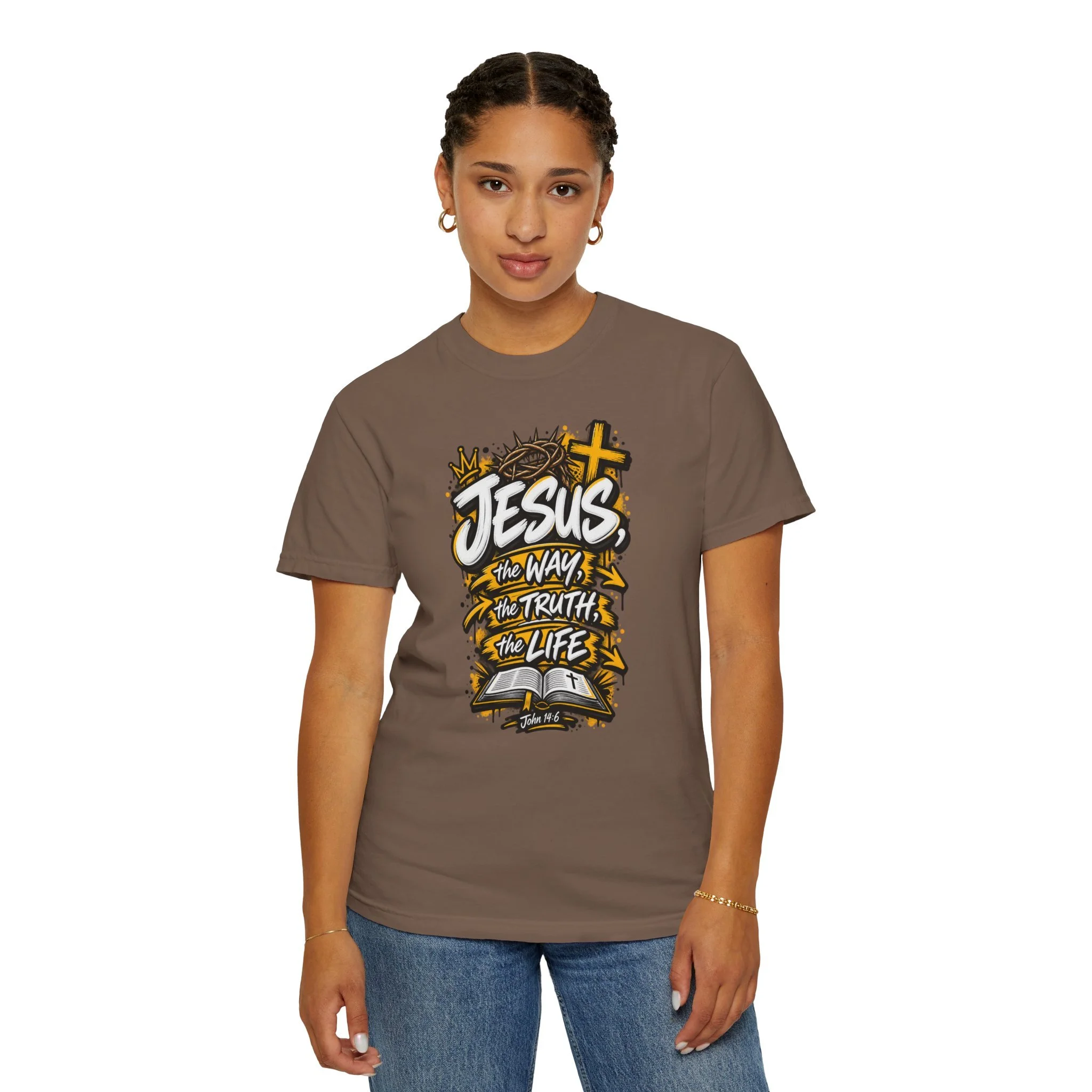 Unisex t-shirt with bold yellow and white graffiti art featuring a crown of thorns, a cross, an open Bible, and the text 'Jesus, The Way, The Truth, The Life'