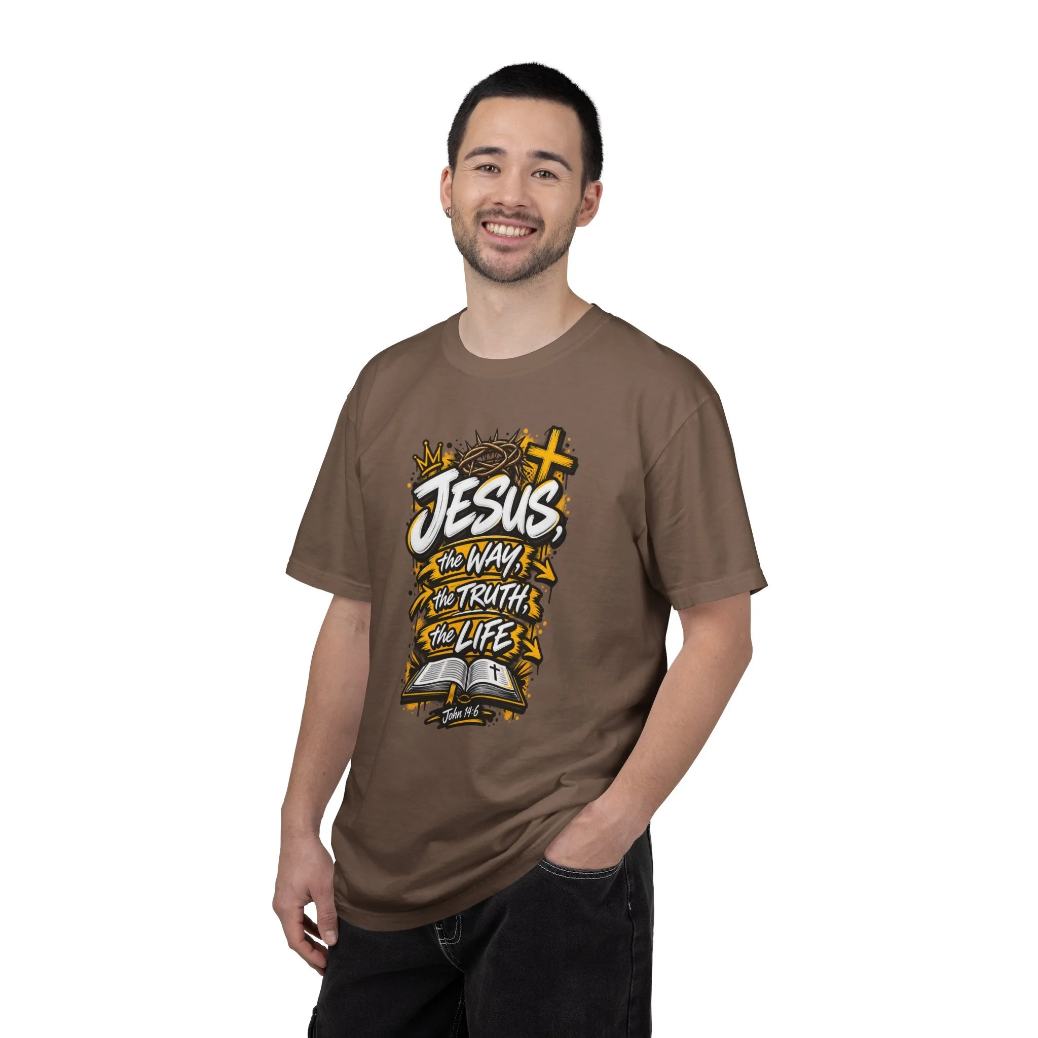 Unisex t-shirt with bold yellow and white graffiti art featuring a crown of thorns, a cross, an open Bible, and the text 'Jesus, The Way, The Truth, The Life'