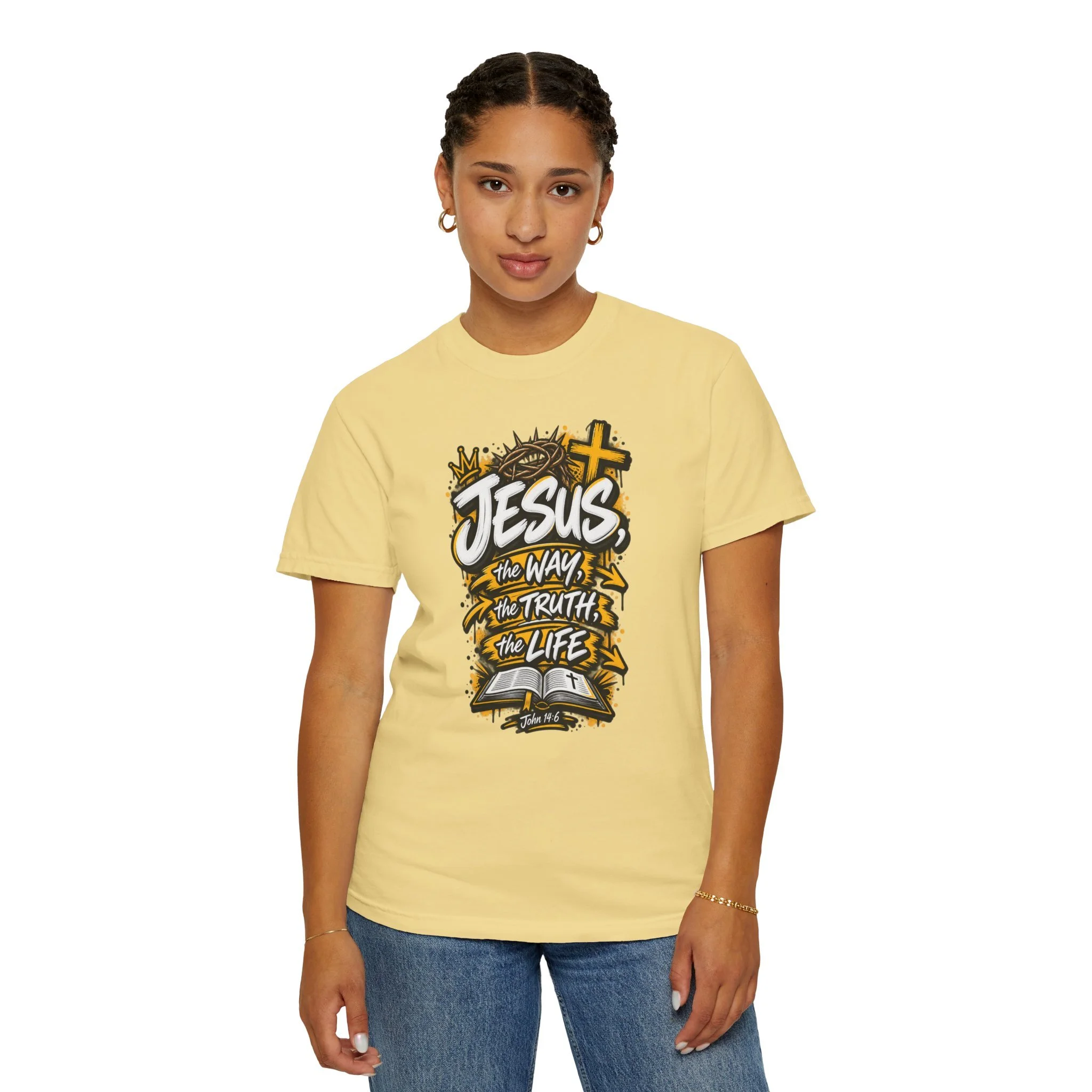 Unisex t-shirt with bold yellow and white graffiti art featuring a crown of thorns, a cross, an open Bible, and the text 'Jesus, The Way, The Truth, The Life'