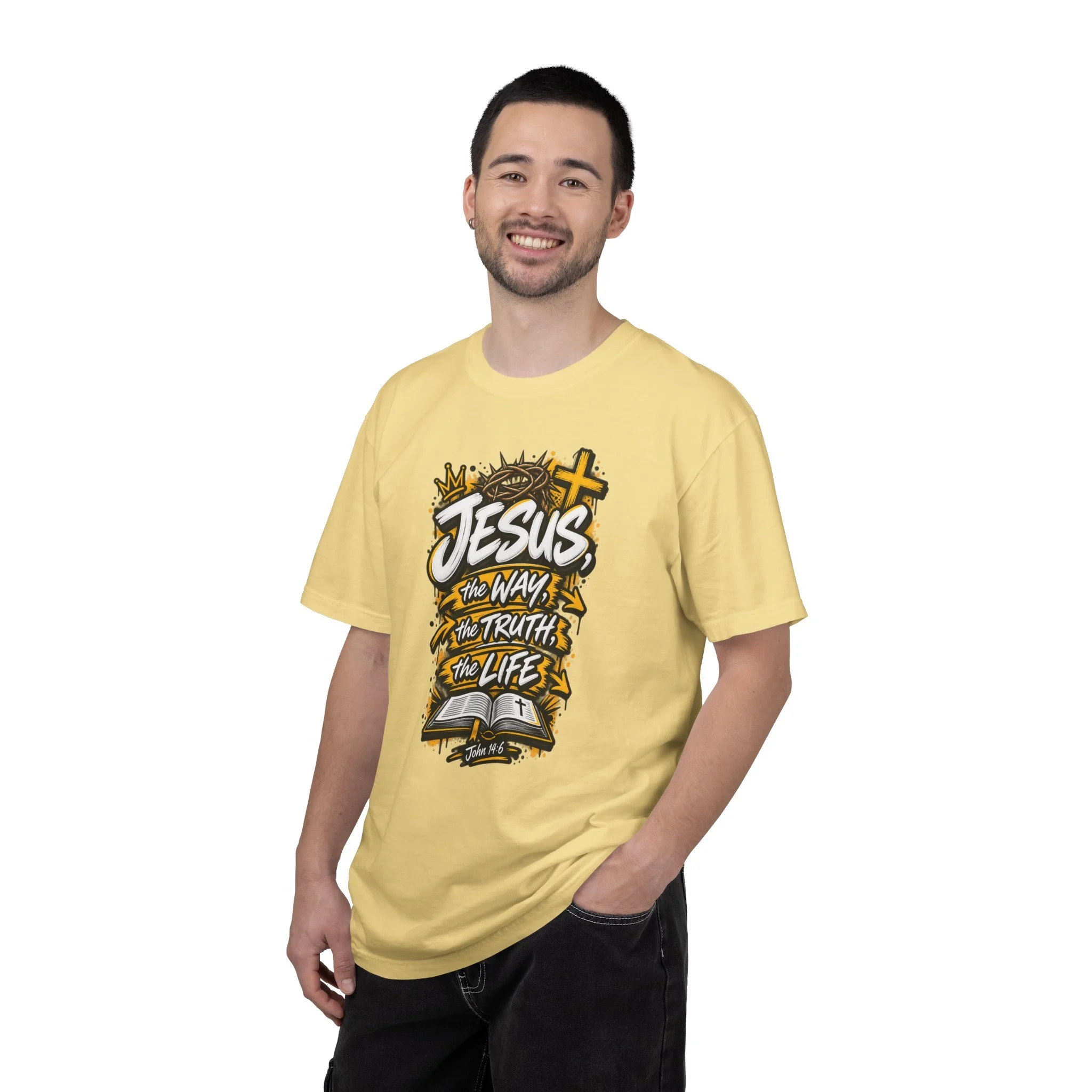 Unisex t-shirt with bold yellow and white graffiti art featuring a crown of thorns, a cross, an open Bible, and the text 'Jesus, The Way, The Truth, The Life'