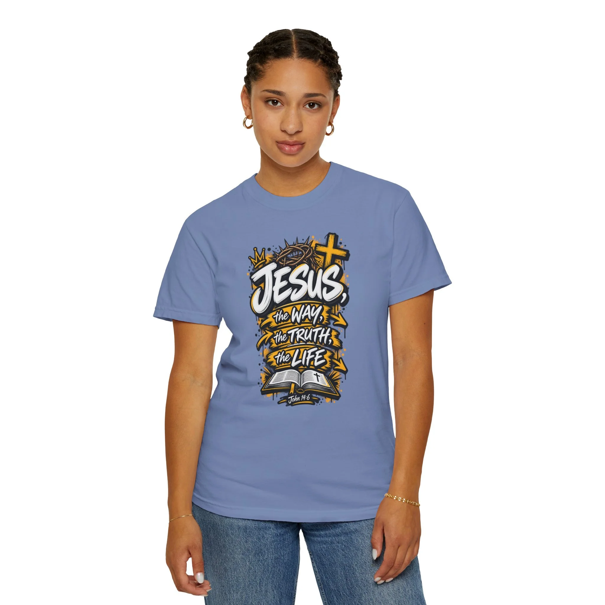 Unisex t-shirt with bold yellow and white graffiti art featuring a crown of thorns, a cross, an open Bible, and the text 'Jesus, The Way, The Truth, The Life'