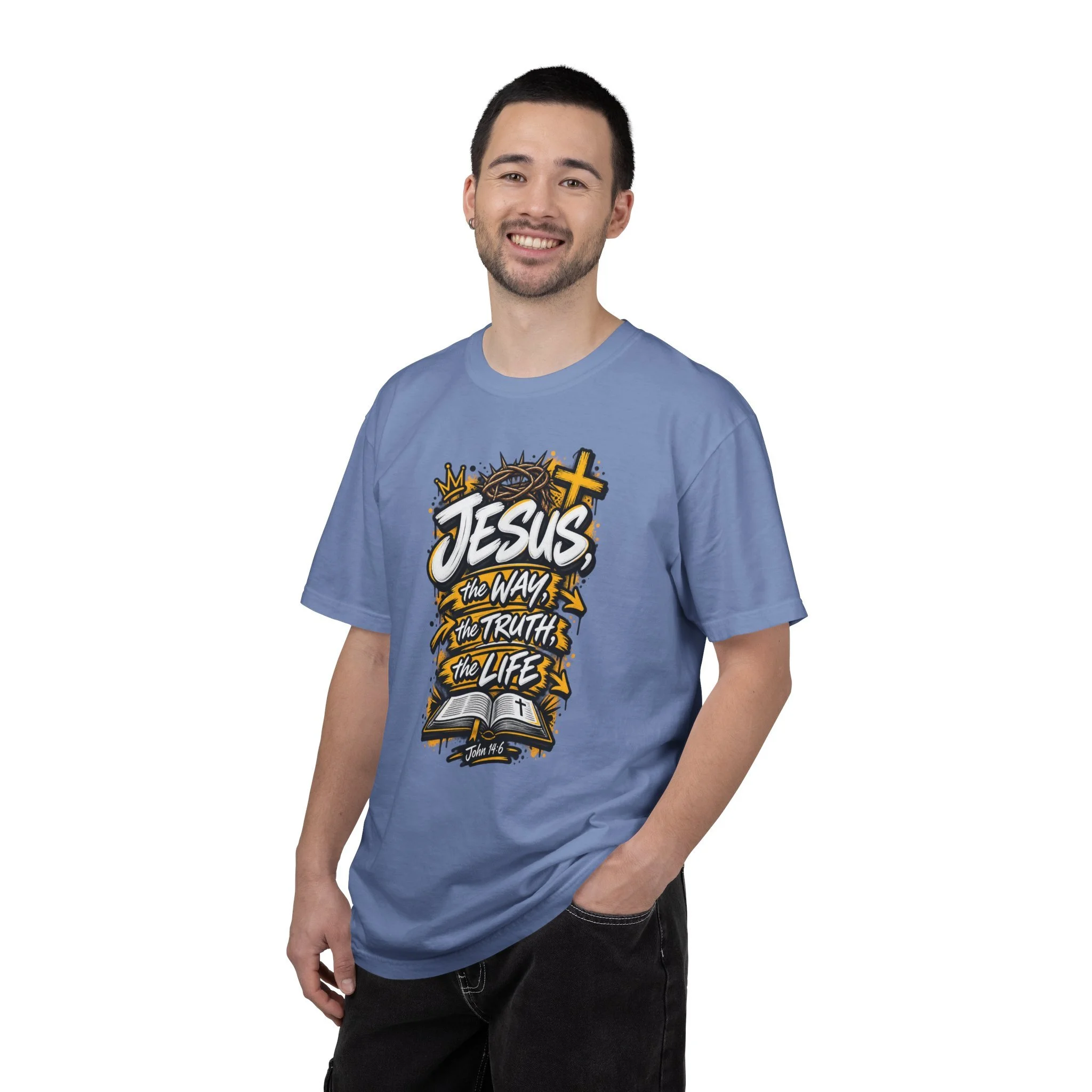 Unisex t-shirt with bold yellow and white graffiti art featuring a crown of thorns, a cross, an open Bible, and the text 'Jesus, The Way, The Truth, The Life'