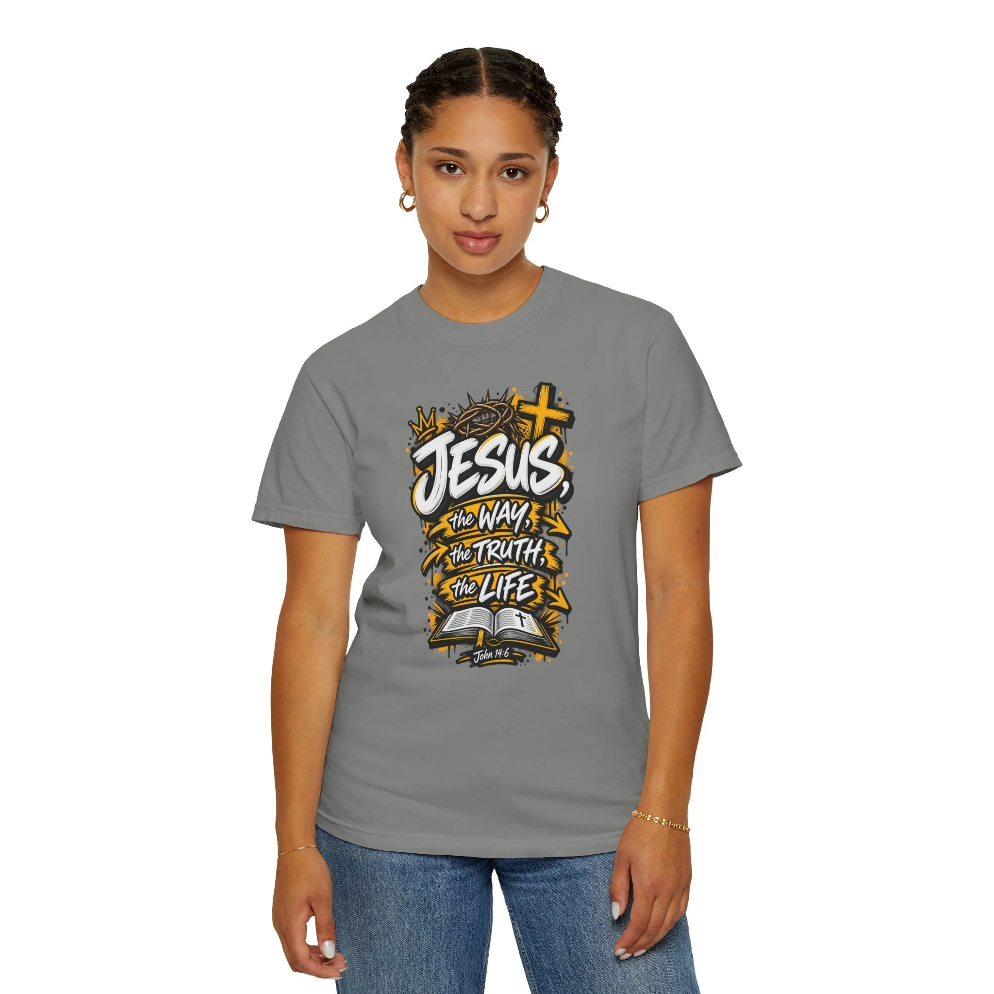 Unisex t-shirt with bold yellow and white graffiti art featuring a crown of thorns, a cross, an open Bible, and the text 'Jesus, The Way, The Truth, The Life'