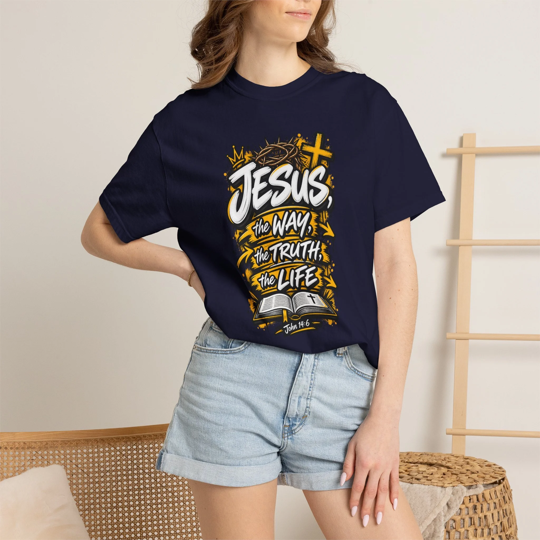 Unisex t-shirt with bold yellow and white graffiti art featuring a crown of thorns, a cross, an open Bible, and the text 'Jesus, The Way, The Truth, The Life'