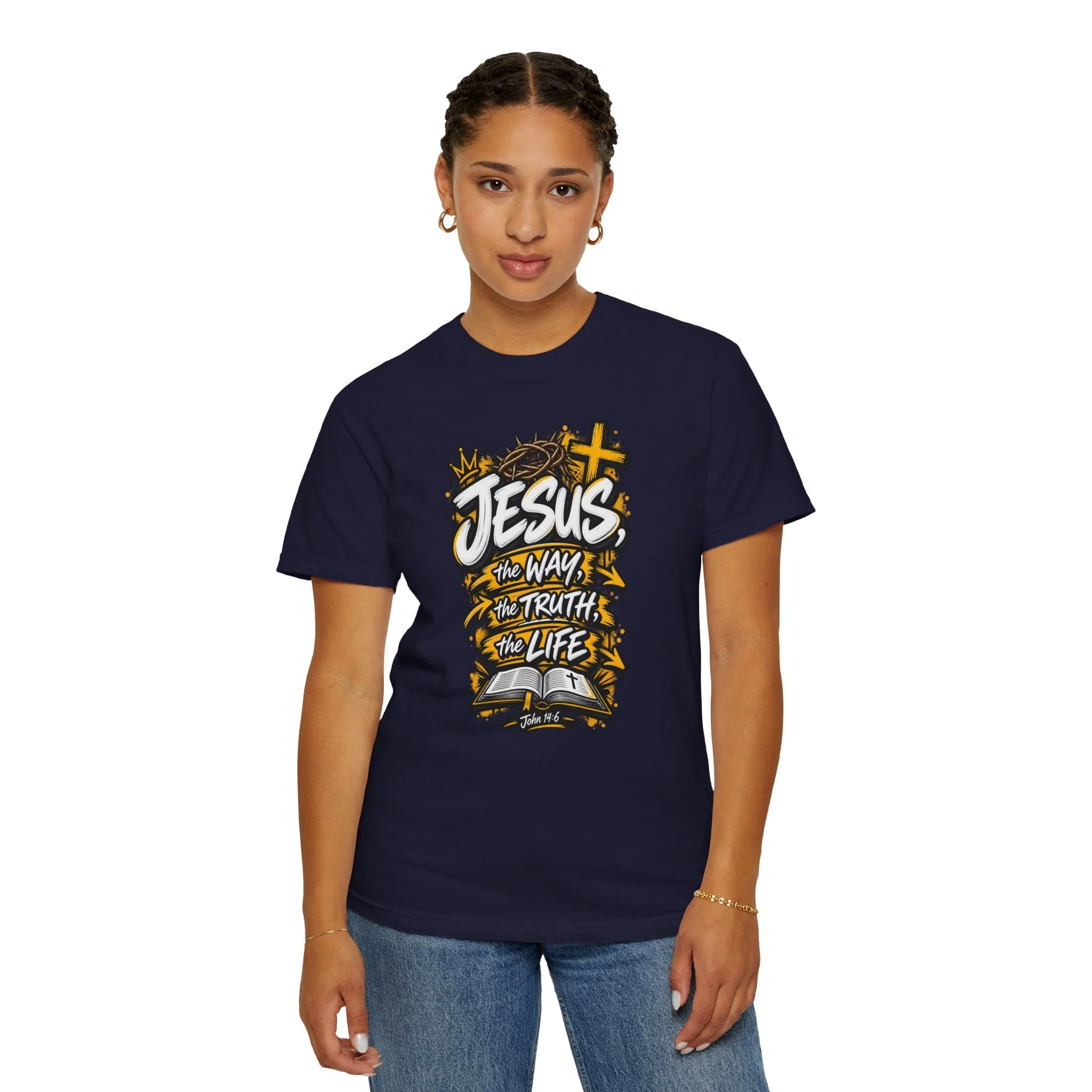 Unisex t-shirt with bold yellow and white graffiti art featuring a crown of thorns, a cross, an open Bible, and the text 'Jesus, The Way, The Truth, The Life'