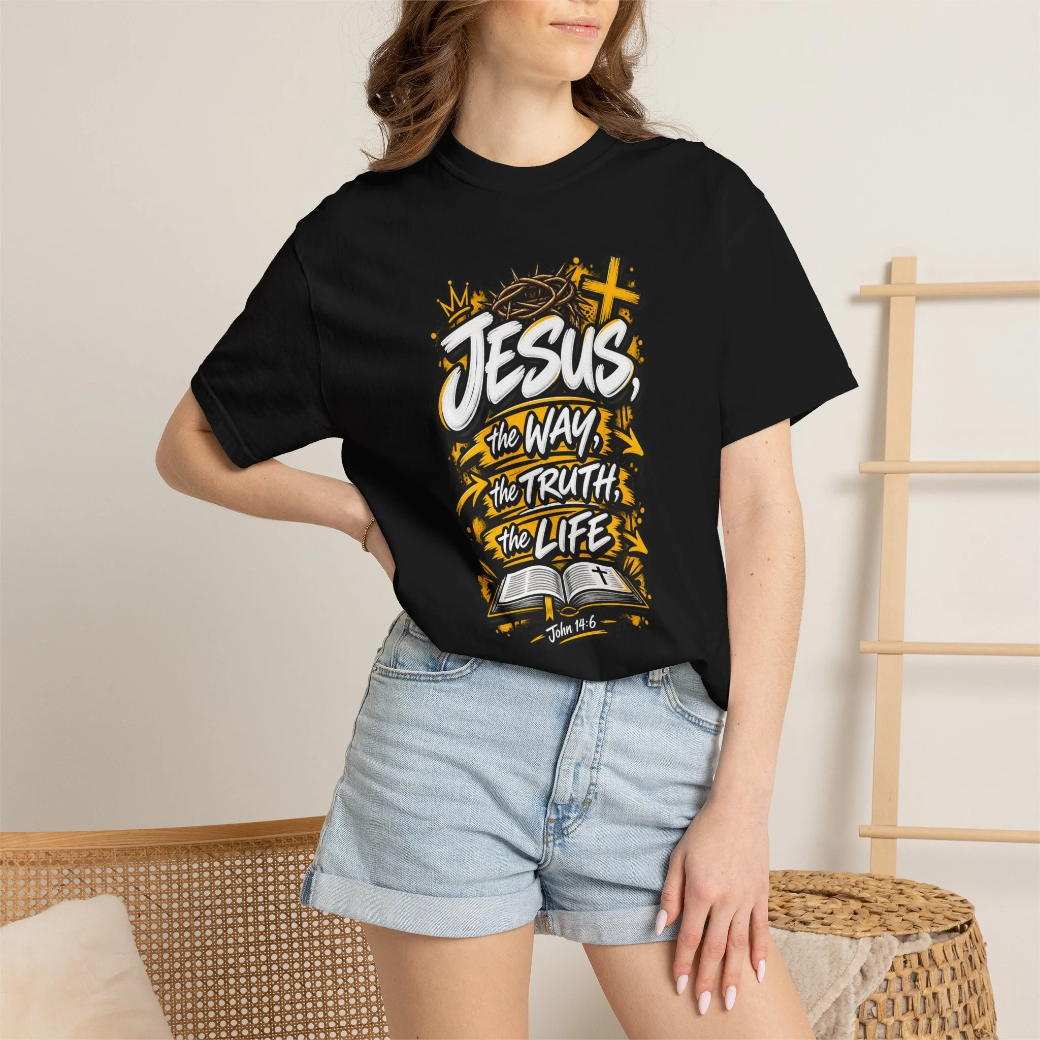 Unisex t-shirt with bold yellow and white graffiti art featuring a crown of thorns, a cross, an open Bible, and the text 'Jesus, The Way, The Truth, The Life'