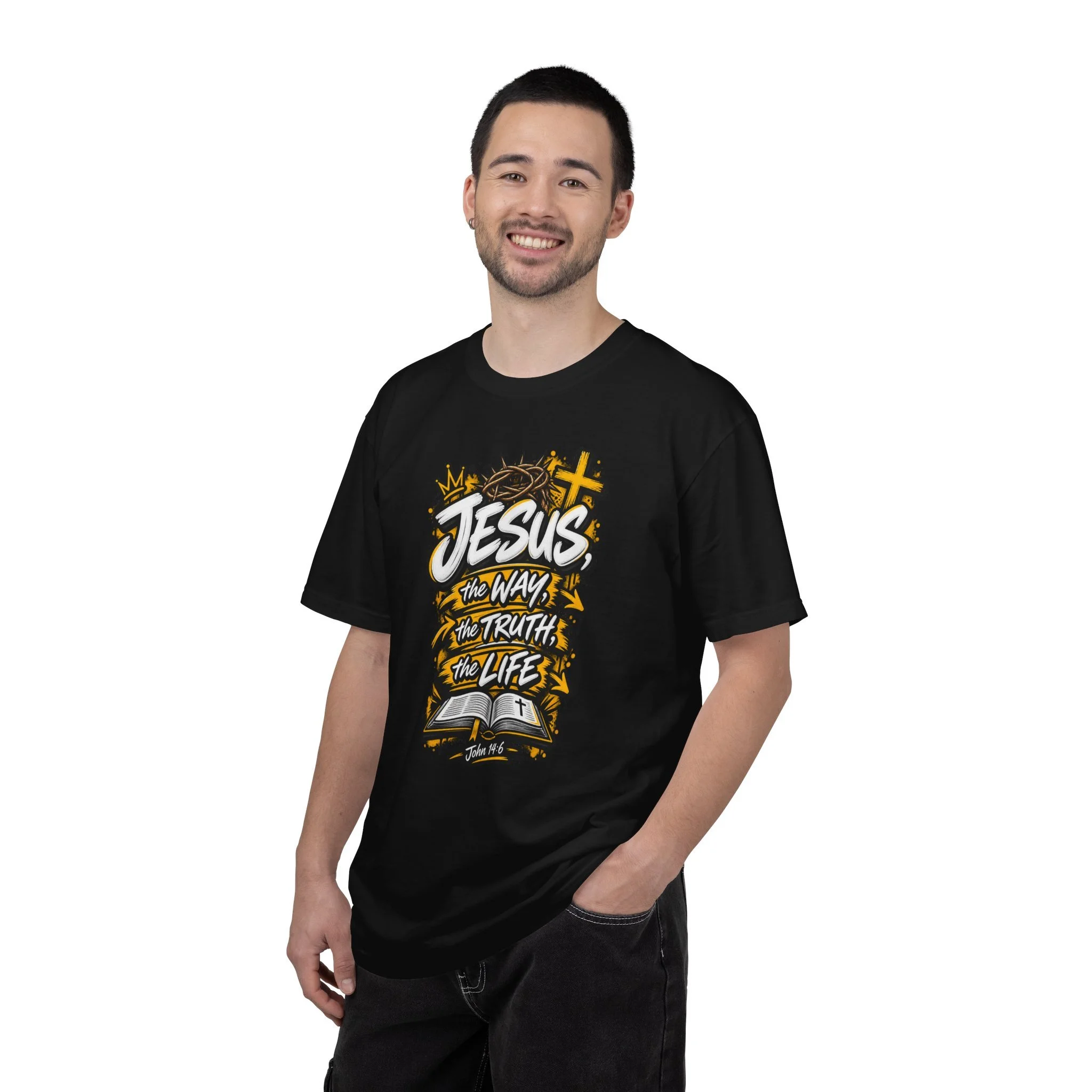 Unisex t-shirt with bold yellow and white graffiti art featuring a crown of thorns, a cross, an open Bible, and the text 'Jesus, The Way, The Truth, The Life'