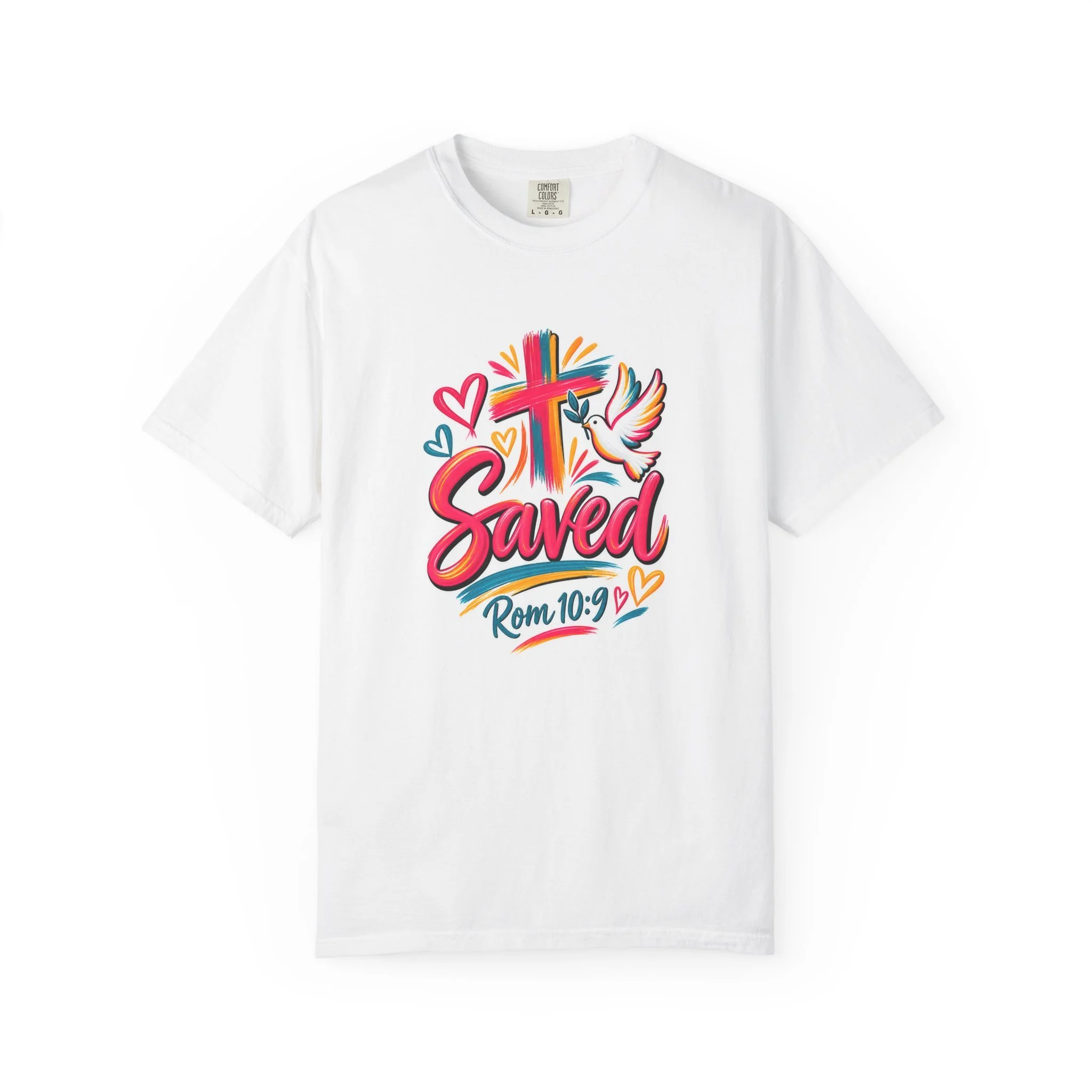 White colorful t-shirt featuring bright floral artwork, a cross, a dove holding an olive branch, and the word 'Saved' with 'Rom 10:9'.