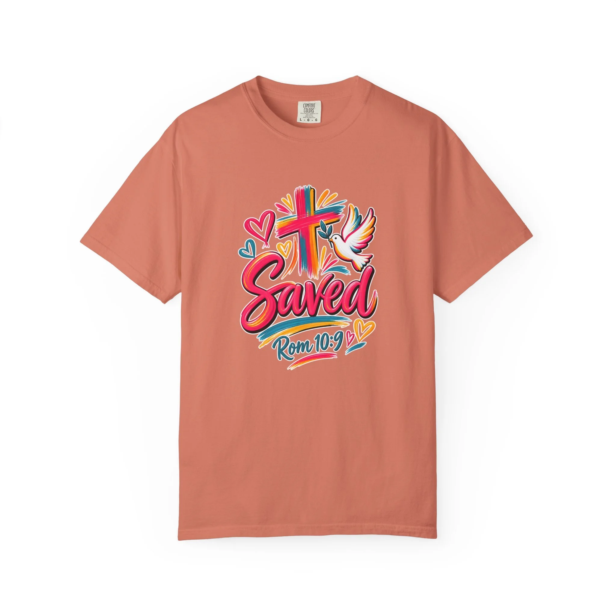 Terracota colorful t-shirt featuring bright floral artwork, a cross, a dove holding an olive branch, and the word 'Saved' with 'Rom 10:9'.