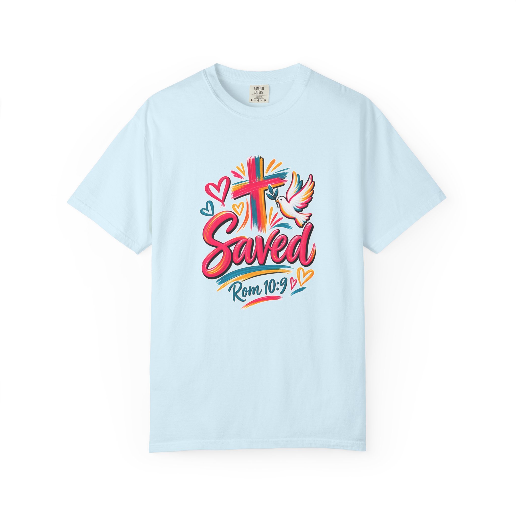 blue colorful t-shirt featuring bright floral artwork, a cross, a dove holding an olive branch, and the word 'Saved' with 'Rom 10:9'.
