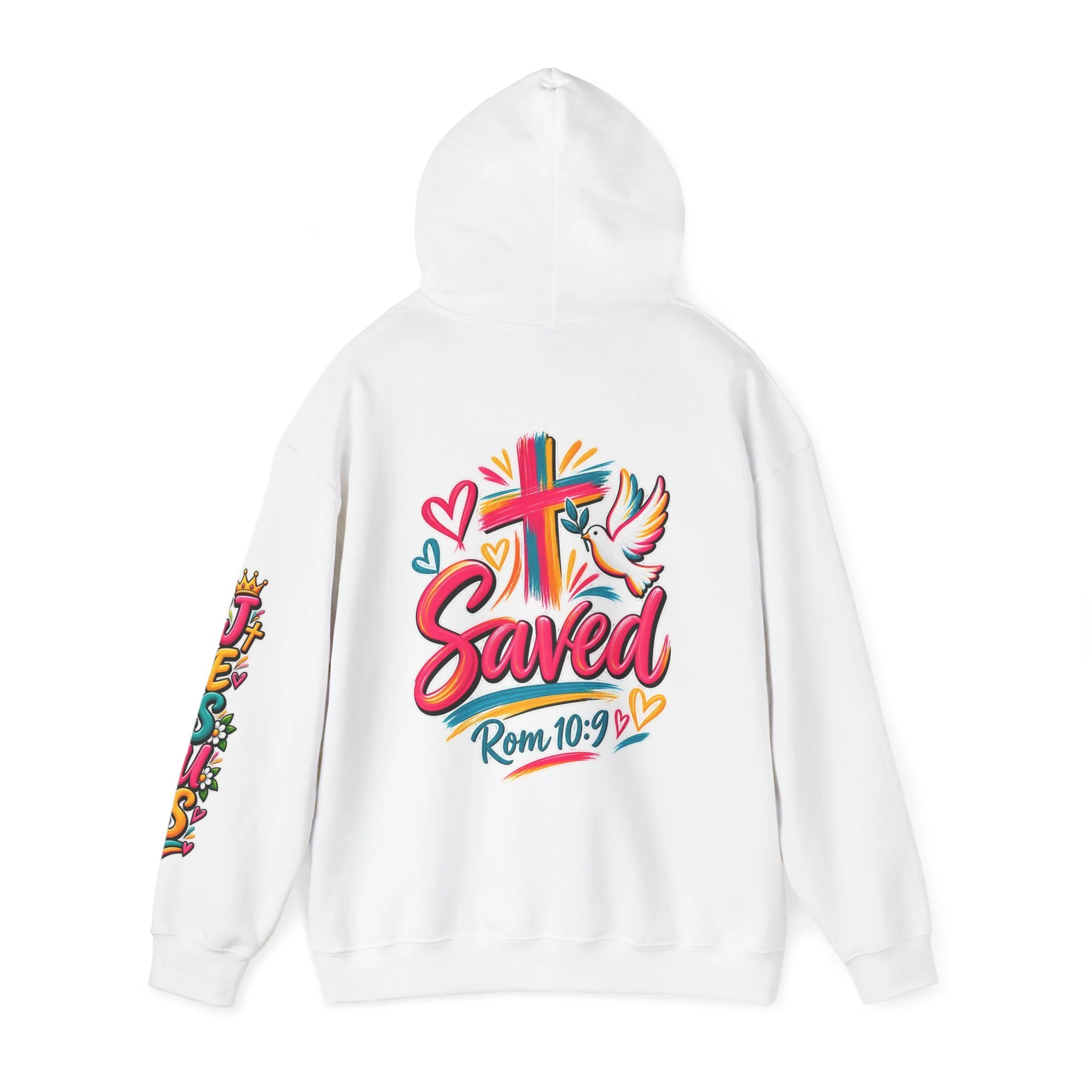 White Unisex colorful hoodie featuring bright floral artwork, a cross, a dove holding an olive branch, and the word 'Saved' with 'Rom 10:9'.