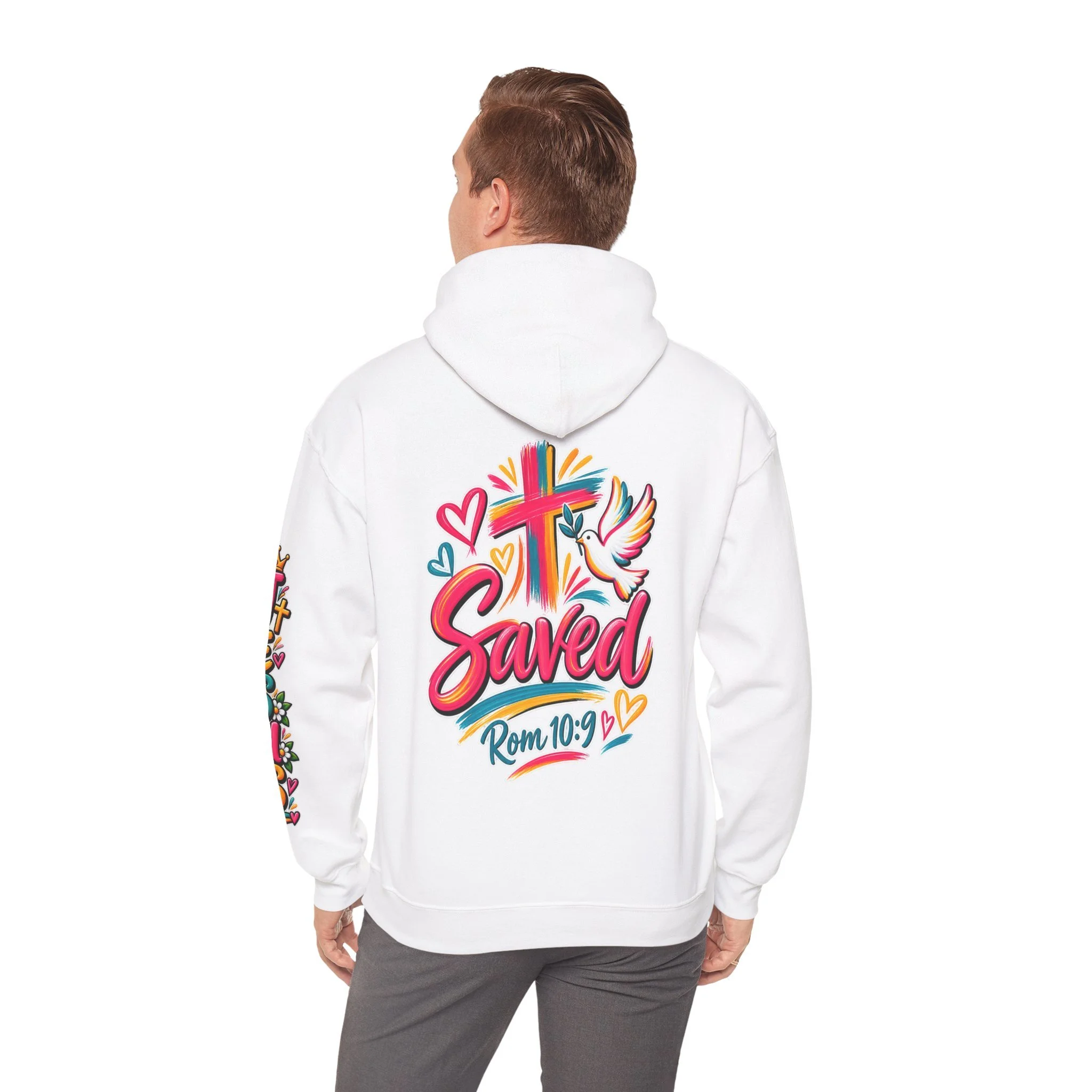 White Unisex colorful hoodie featuring bright floral artwork, a cross, a dove holding an olive branch, and the word 'Saved' with 'Rom 10:9'.