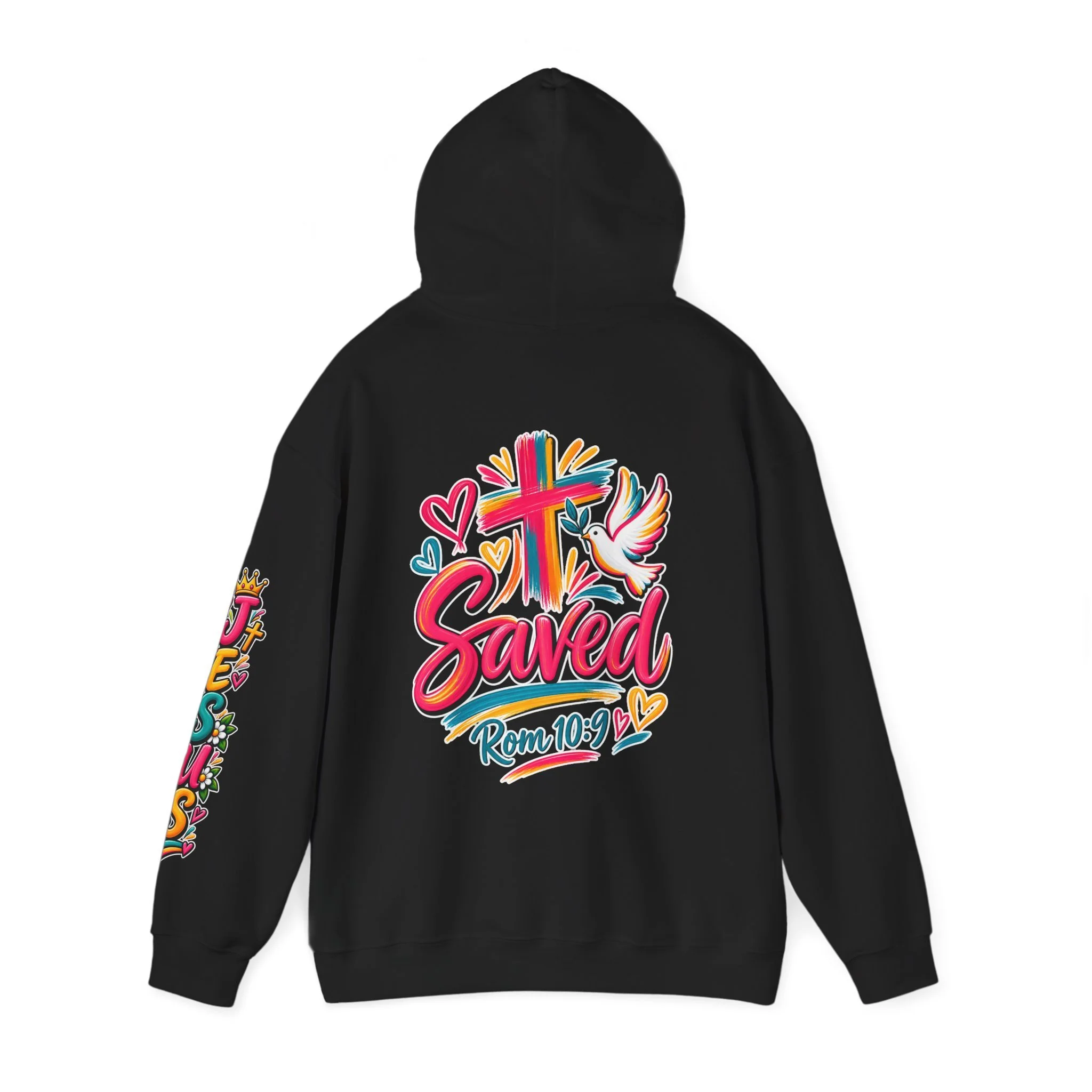 Black Unisex colorful hoodie featuring bright floral artwork, a cross, a dove holding an olive branch, and the word 'Saved' with 'Rom 10:9'.