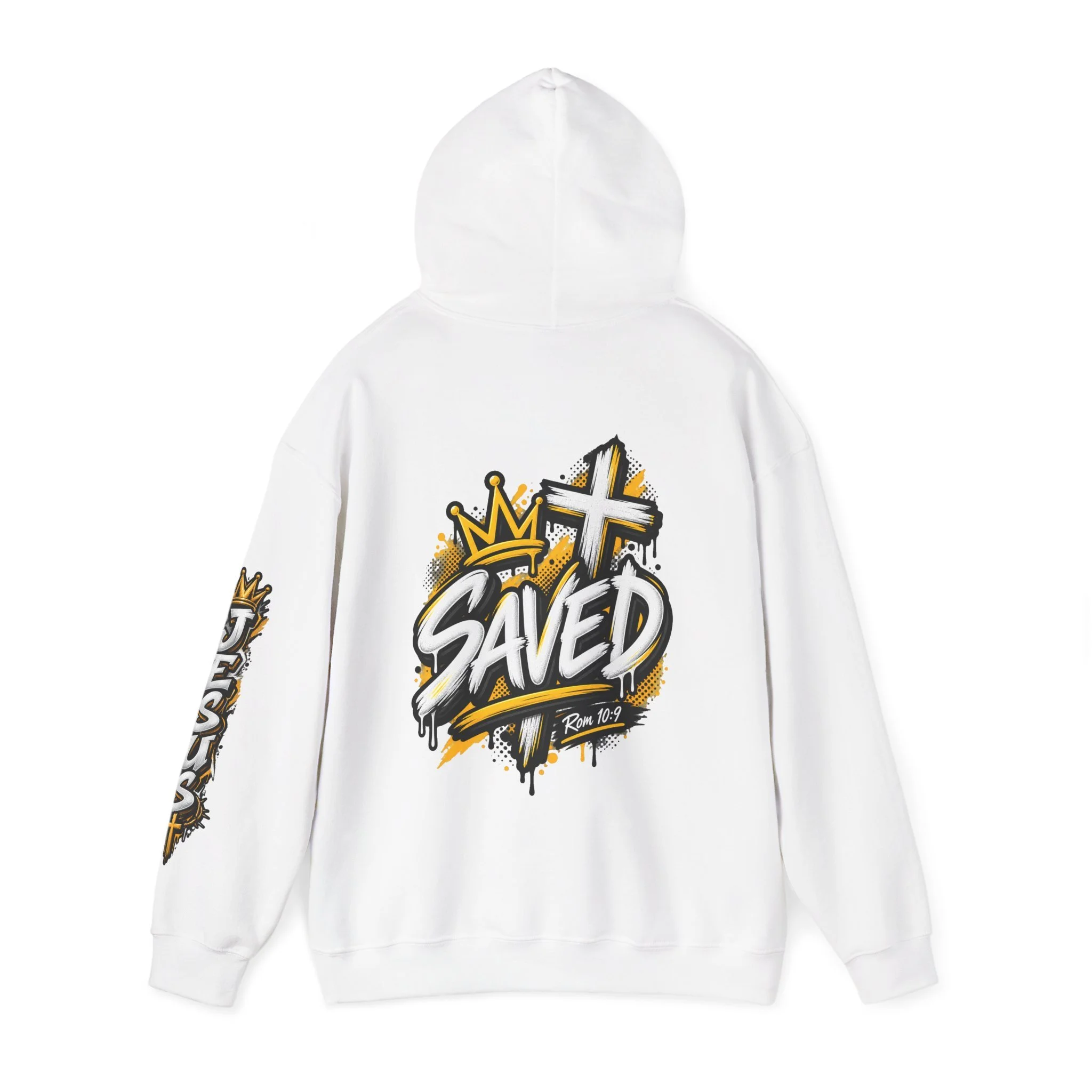 White Unisex streetwear hoodie featuring bold graffiti-style 'SAVED' lettering, a crown, a cross, halftone patterns, and 'Rom 10:9'.