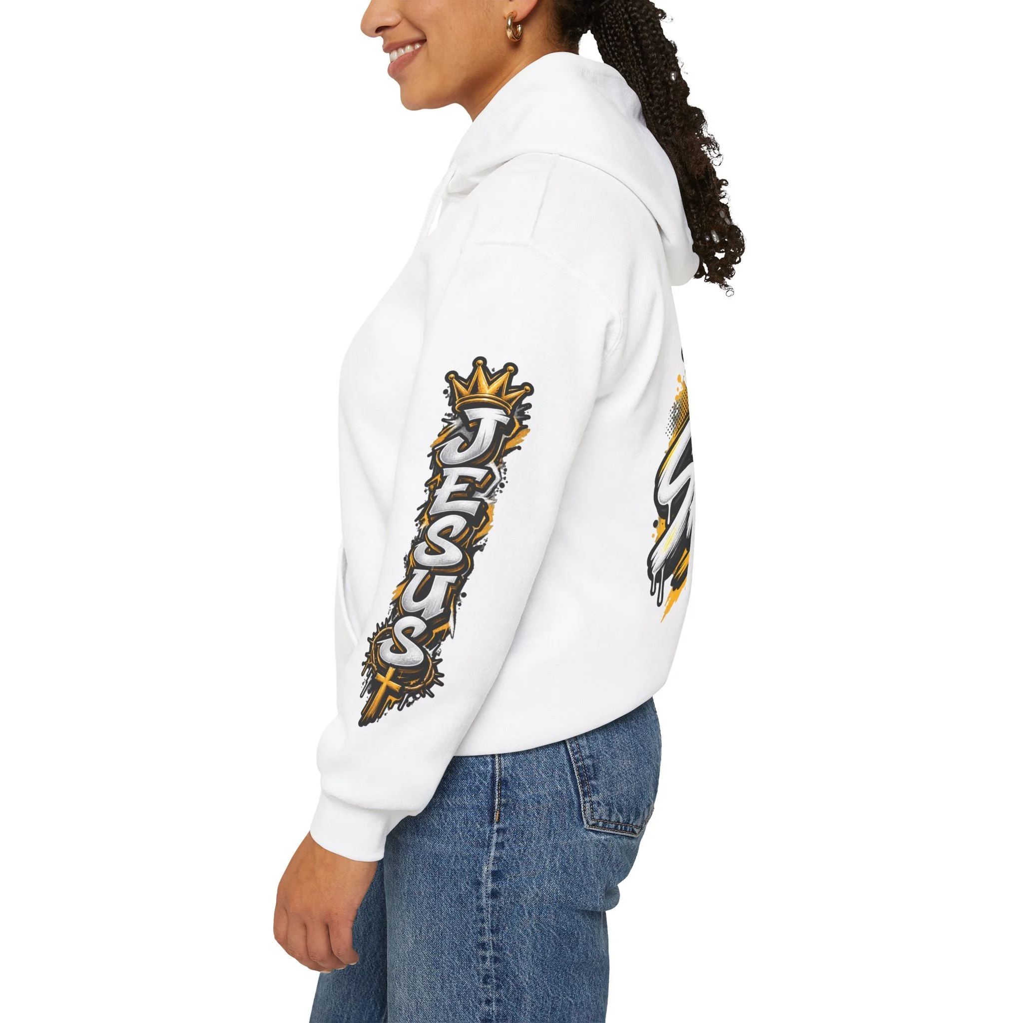 White Unisex streetwear hoodie featuring bold graffiti-style 'SAVED' lettering, a crown, a cross, halftone patterns, and 'Rom 10:9'.