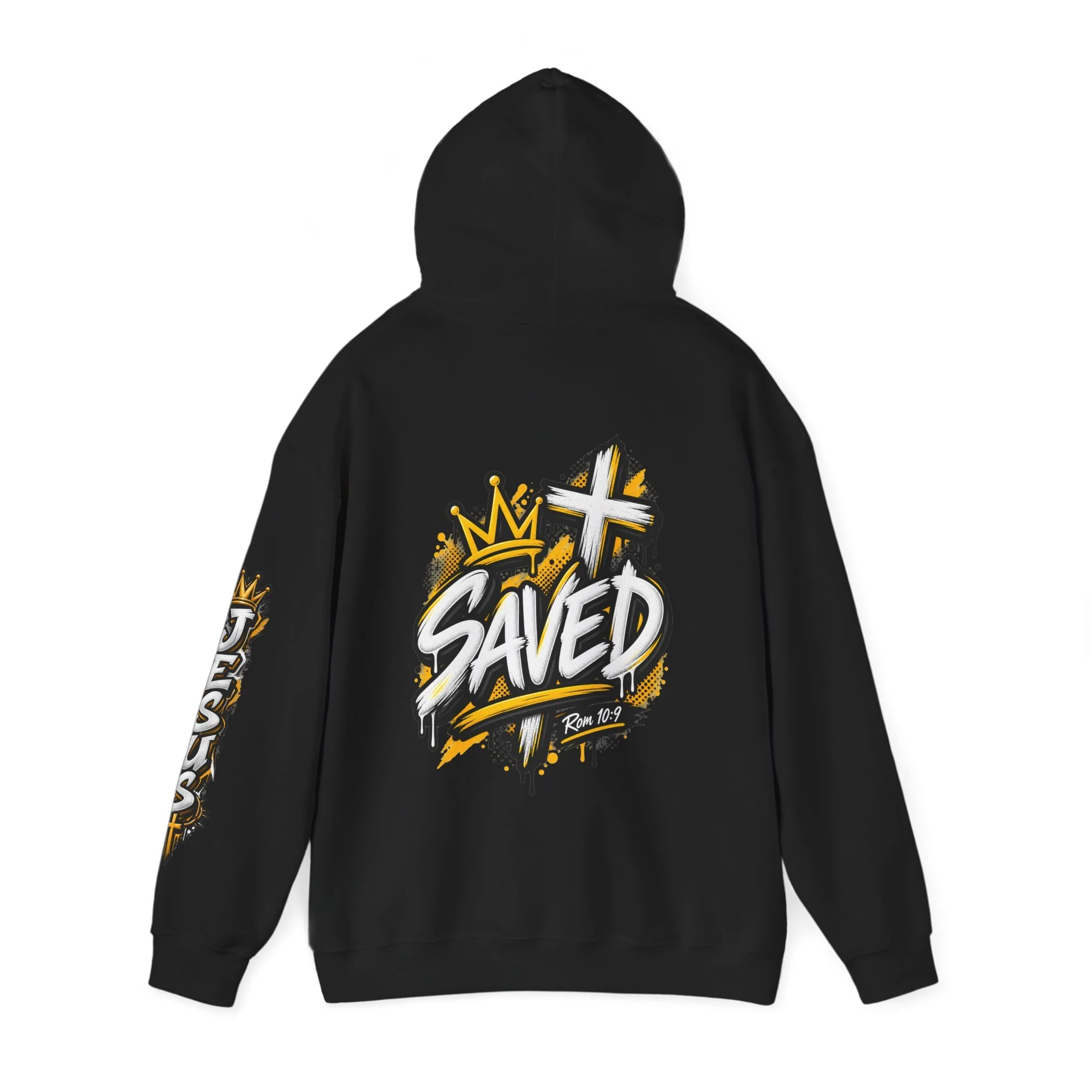 Black Unisex streetwear hoodie featuring bold graffiti-style 'SAVED' lettering, a crown, a cross, halftone patterns, and 'Rom 10:9'.