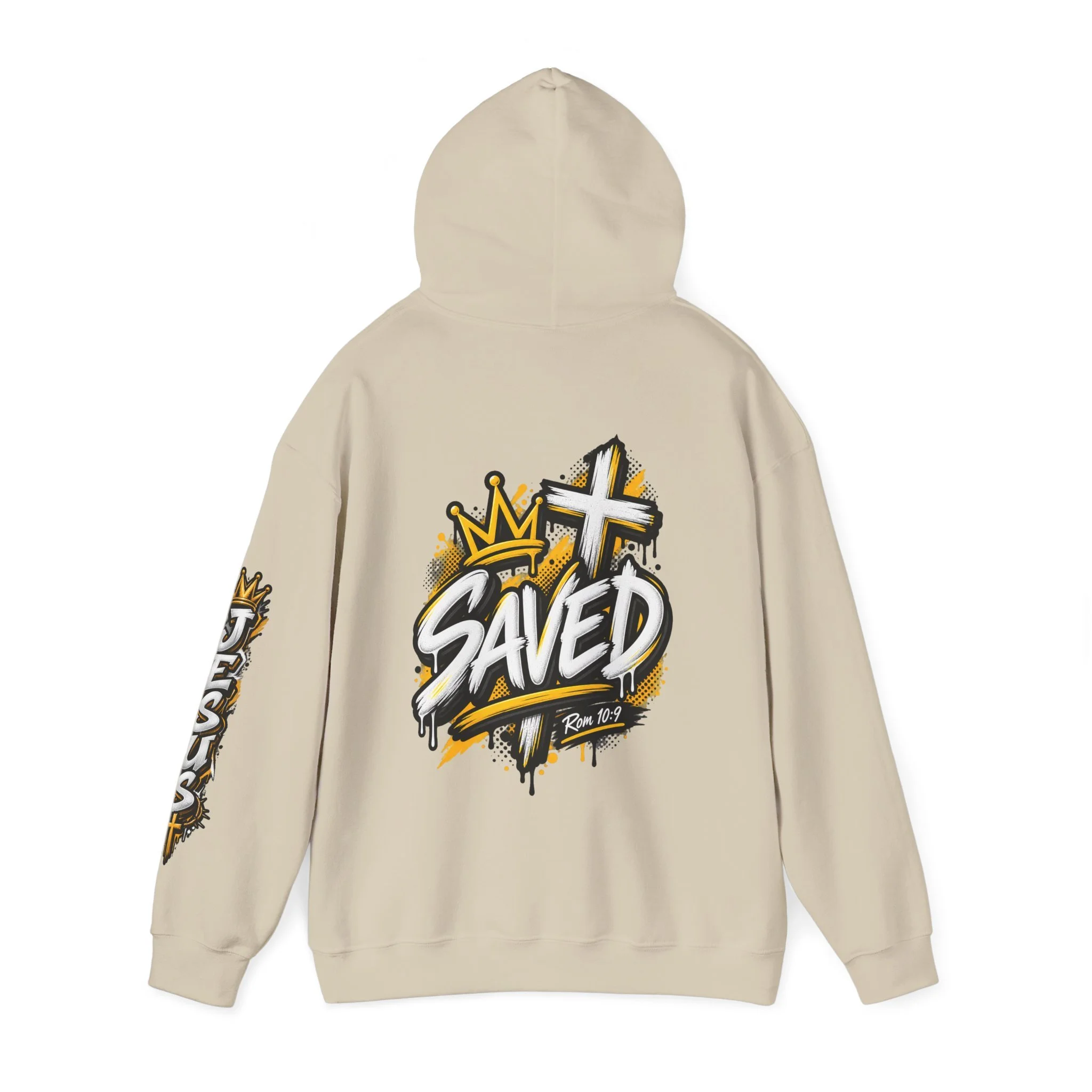 Sand Unisex streetwear hoodie featuring bold graffiti-style 'SAVED' lettering, a crown, a cross, halftone patterns, and 'Rom 10:9'.