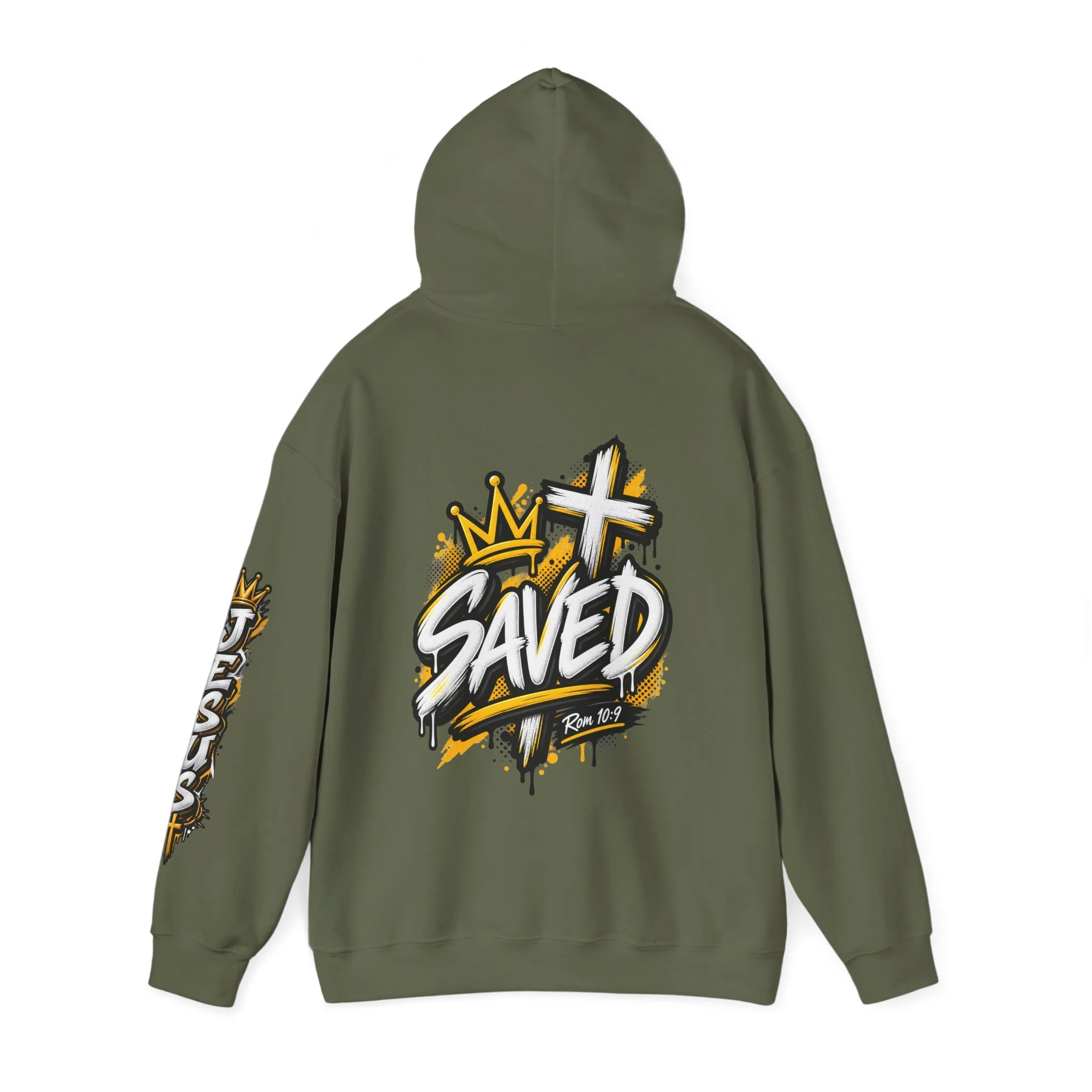 Military Green Unisex streetwear hoodie featuring bold graffiti-style 'SAVED' lettering, a crown, a cross, halftone patterns, and 'Rom 10:9'.