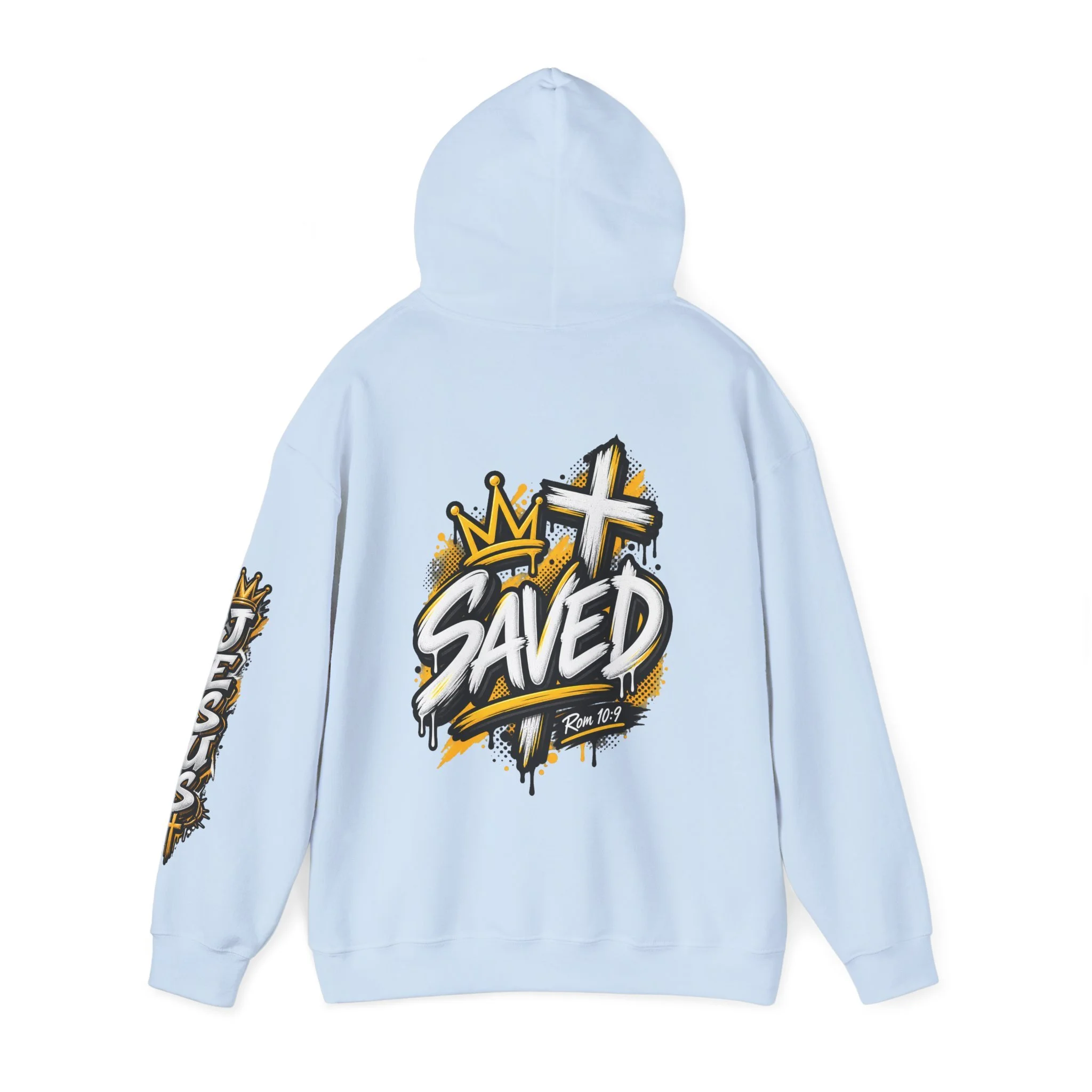 Light Blue Unisex streetwear hoodie featuring bold graffiti-style 'SAVED' lettering, a crown, a cross, halftone patterns, and 'Rom 10:9'.