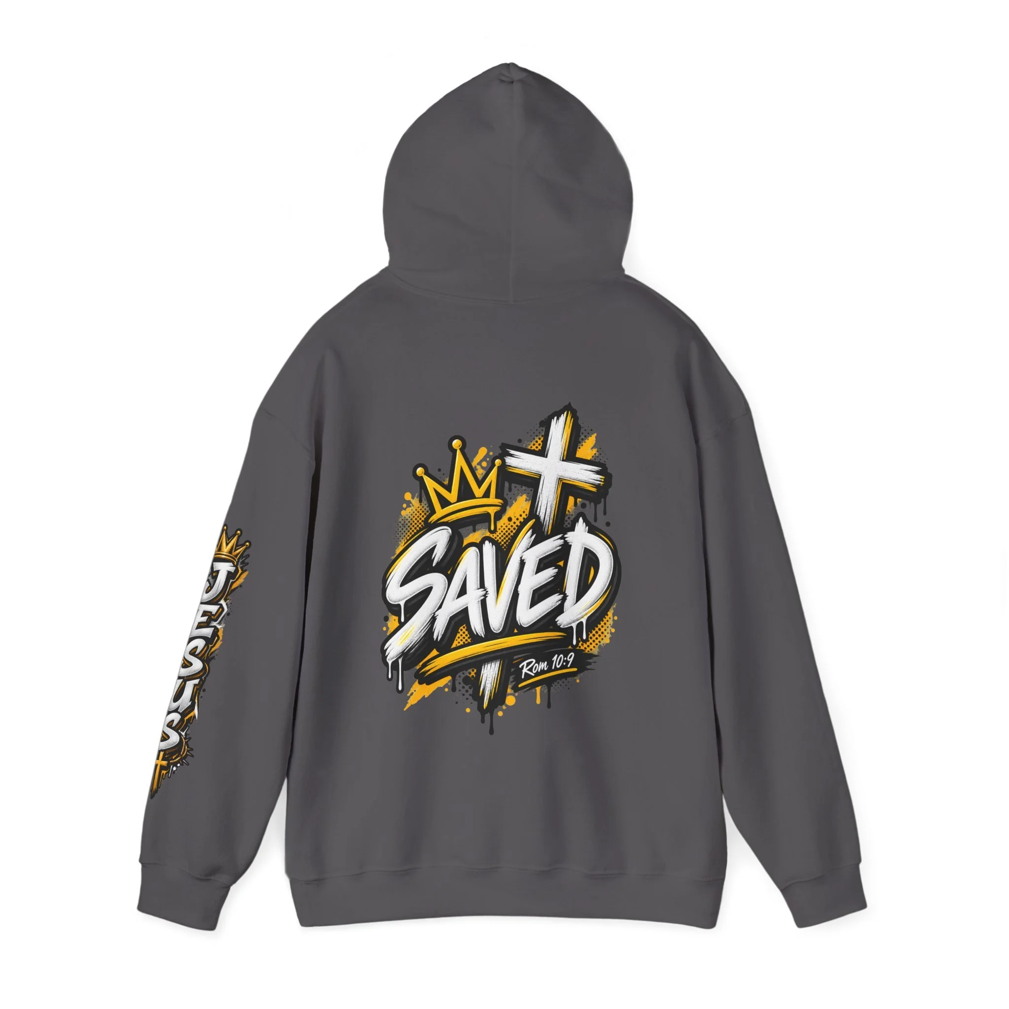 Charcoal Unisex streetwear hoodie featuring bold graffiti-style 'SAVED' lettering, a crown, a cross, halftone patterns, and 'Rom 10:9'.