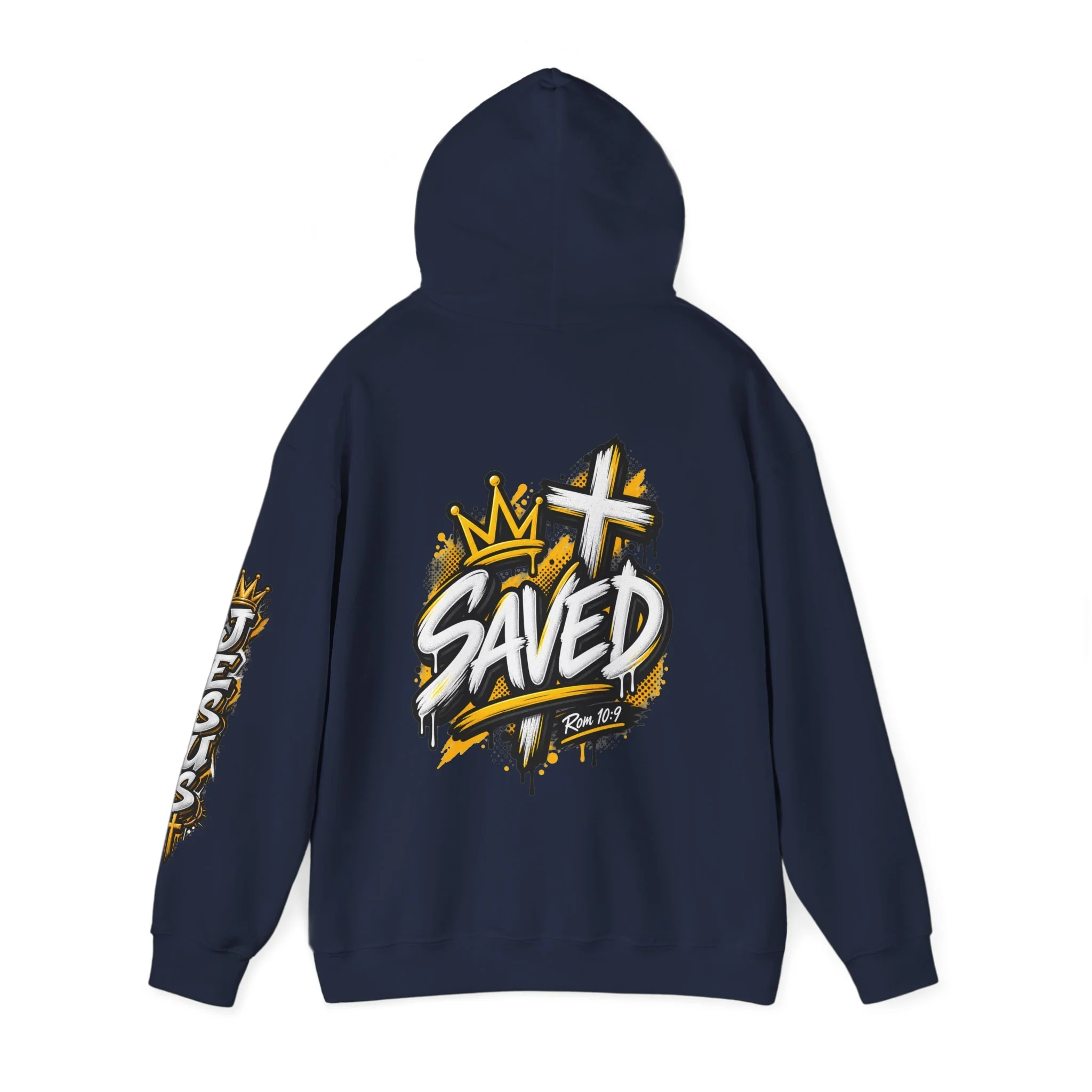 Navy blue Unisex streetwear hoodie featuring bold graffiti-style 'SAVED' lettering, a crown, a cross, halftone patterns, and 'Rom 10:9'.