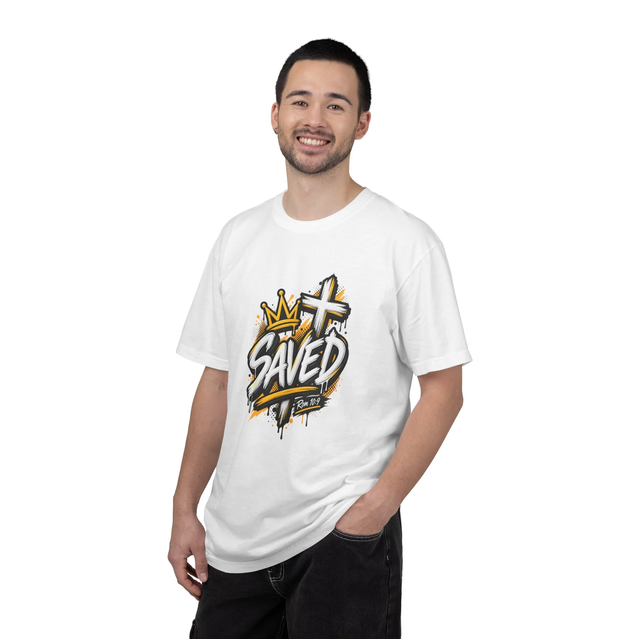 White Unisex black and yellow streetwear t-shirt featuring bold graffiti lettering that reads 'SAVED', a crown, a cross, and 'Rom 10:9'.