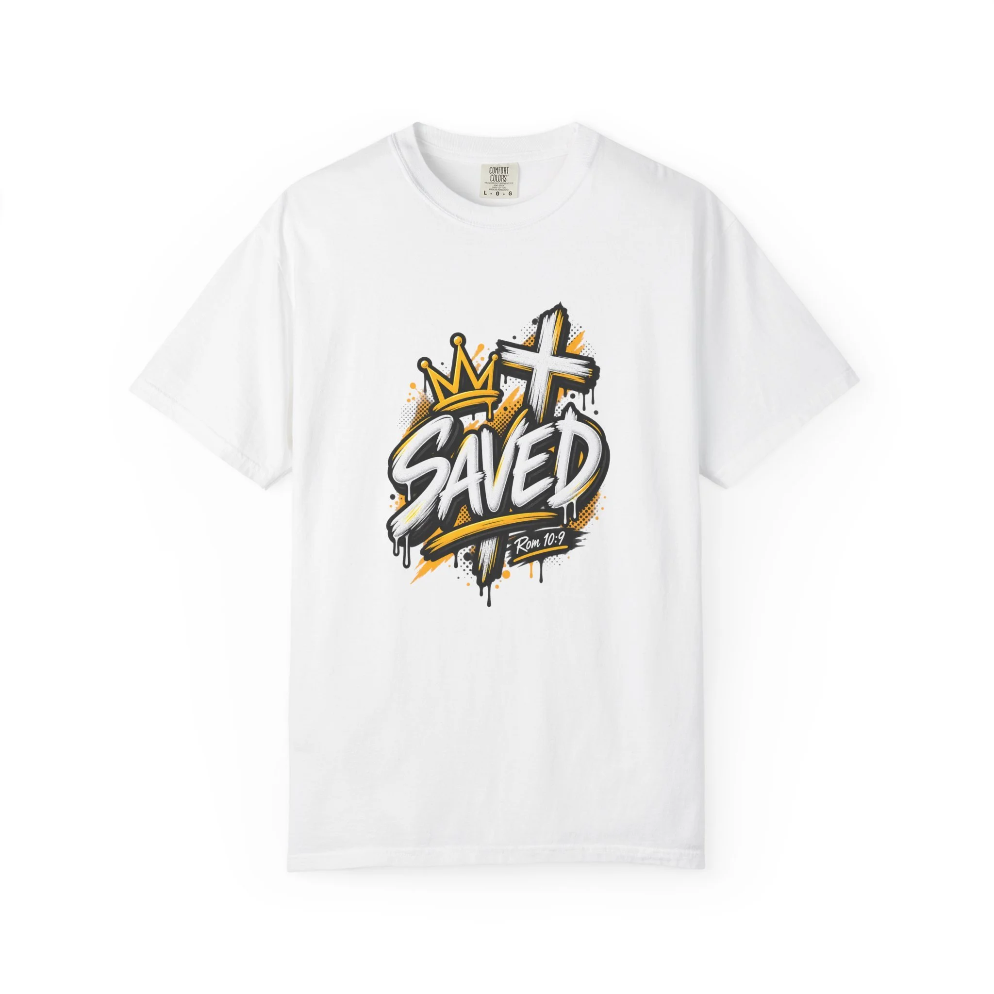 White Unisex black and yellow streetwear t-shirt featuring bold graffiti lettering that reads 'SAVED', a crown, a cross, and 'Rom 10:9'.