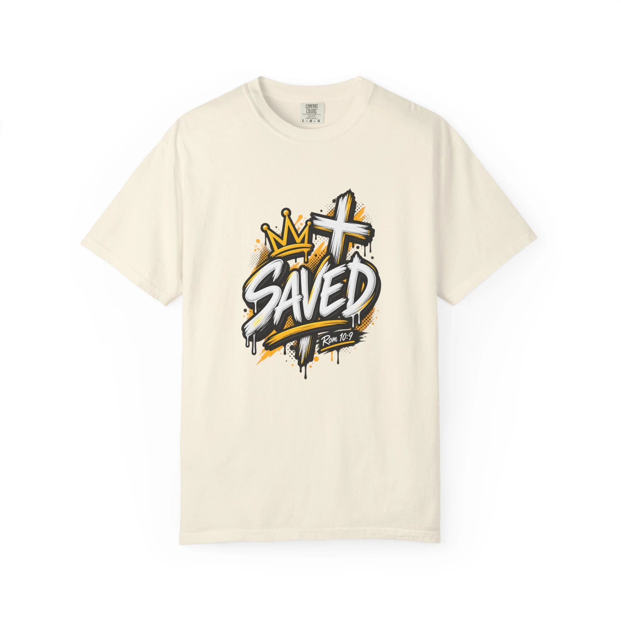 Sand Unisex black and yellow streetwear t-shirt featuring bold graffiti lettering that reads 'SAVED', a crown, a cross, and 'Rom 10:9'.