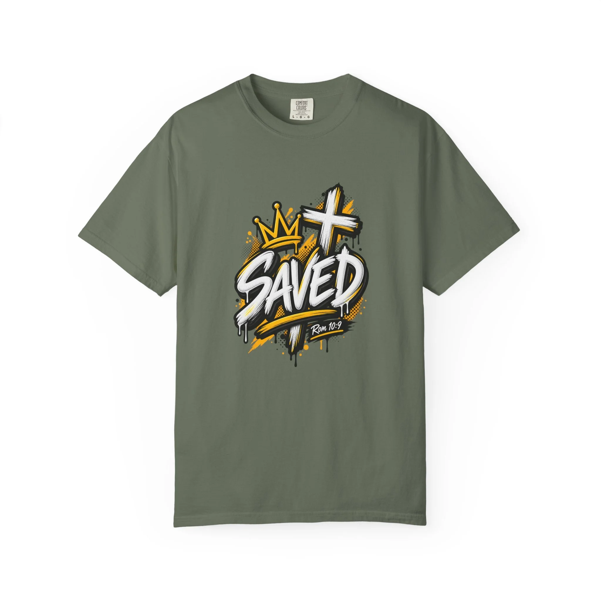 Military Green Unisex black and yellow streetwear t-shirt featuring bold graffiti lettering that reads 'SAVED', a crown, a cross, and 'Rom 10:9'.