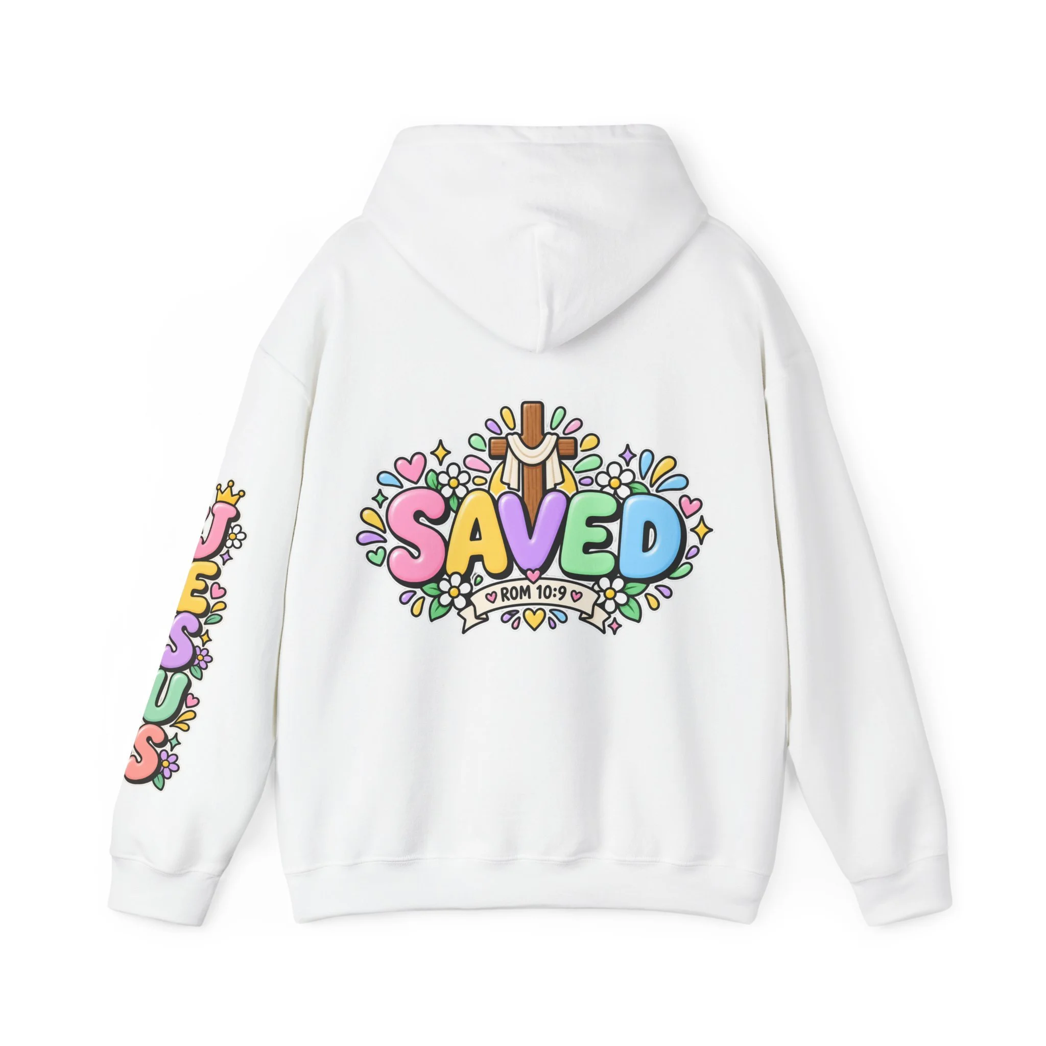 White Unisex pastel hoodie featuring cute 3D bubble letters spelling SAVED with flowers, hearts, a wooden cross, and a banner reading ROM 10:9.