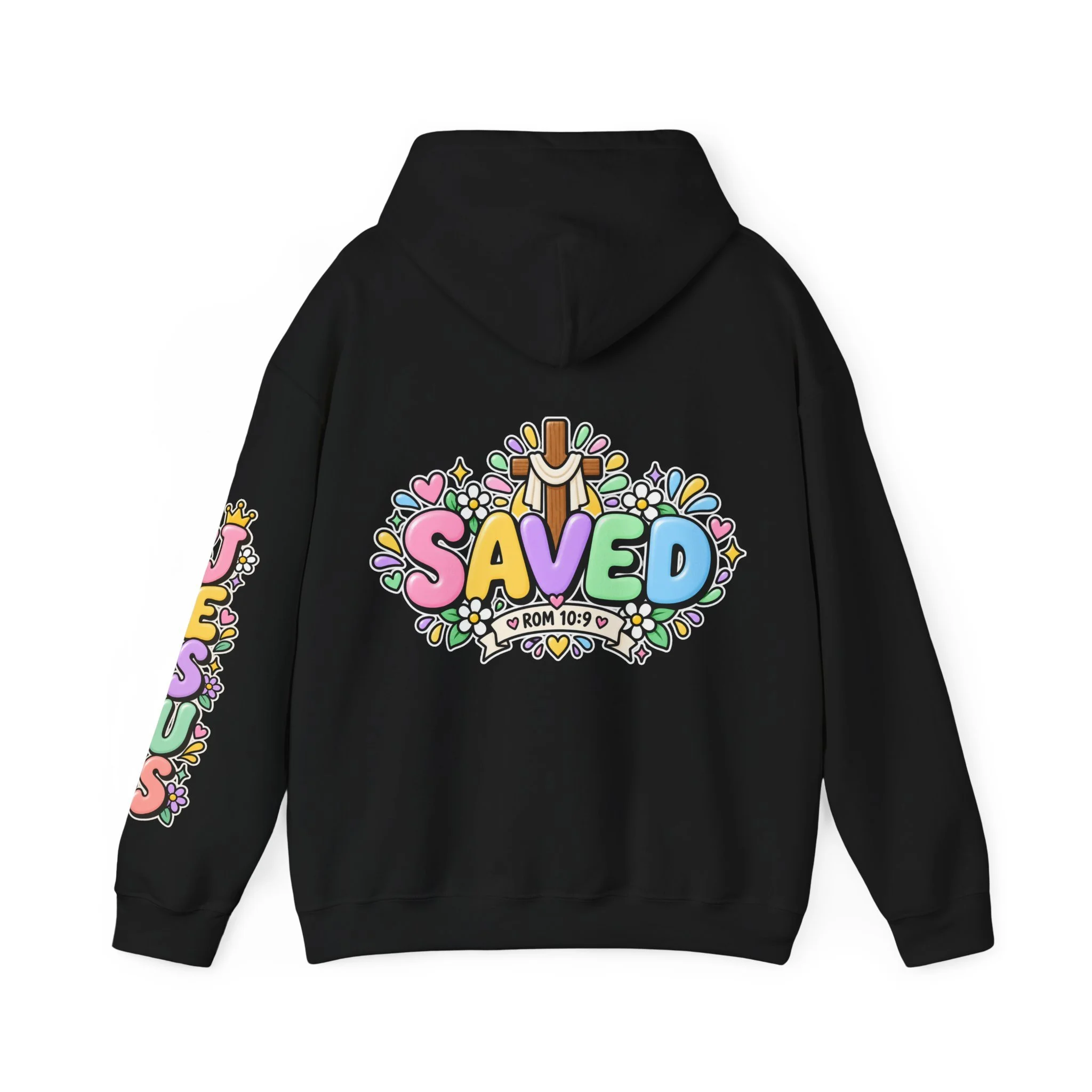 Black Unisex pastel hoodie featuring cute 3D bubble letters spelling SAVED with flowers, hearts, a wooden cross, and a banner reading ROM 10:9.