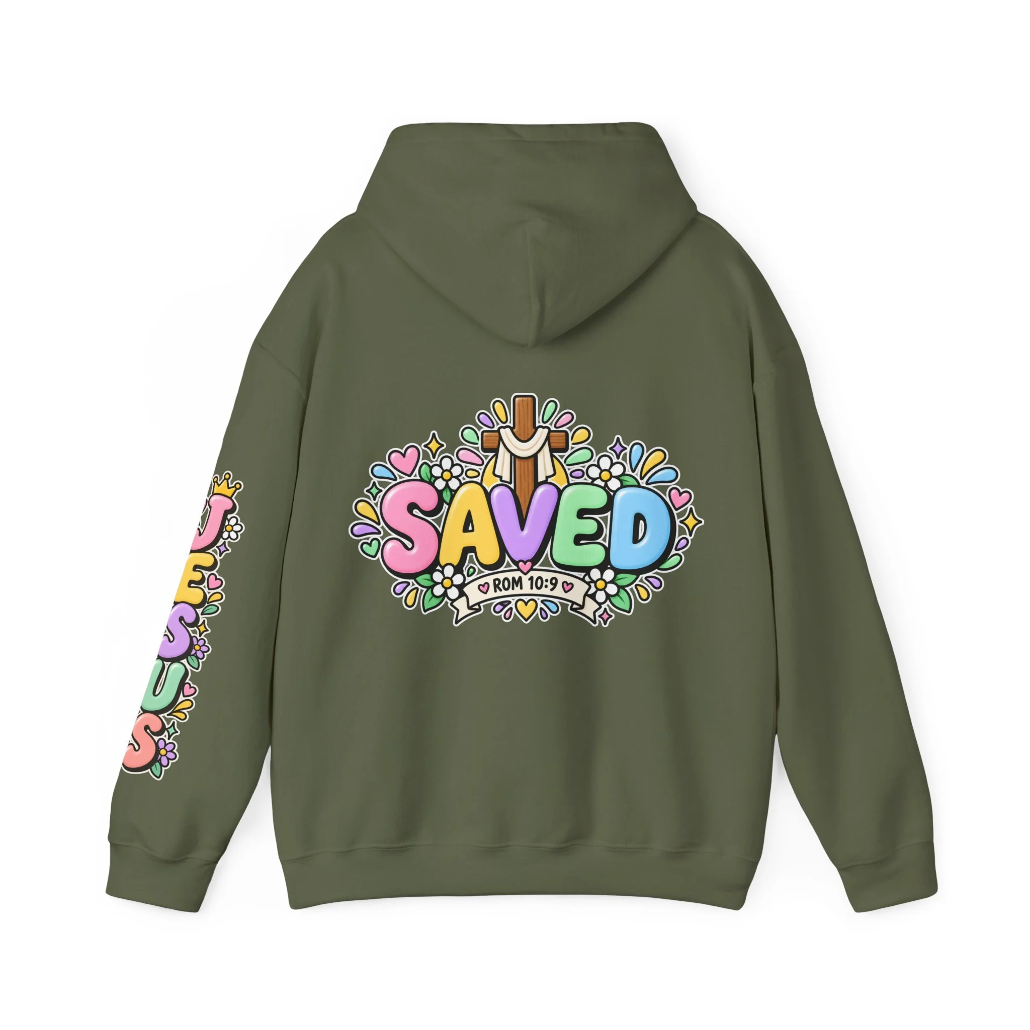 Military Green Unisex pastel hoodie featuring cute 3D bubble letters spelling SAVED with flowers, hearts, a wooden cross, and a banner reading ROM 10:9.