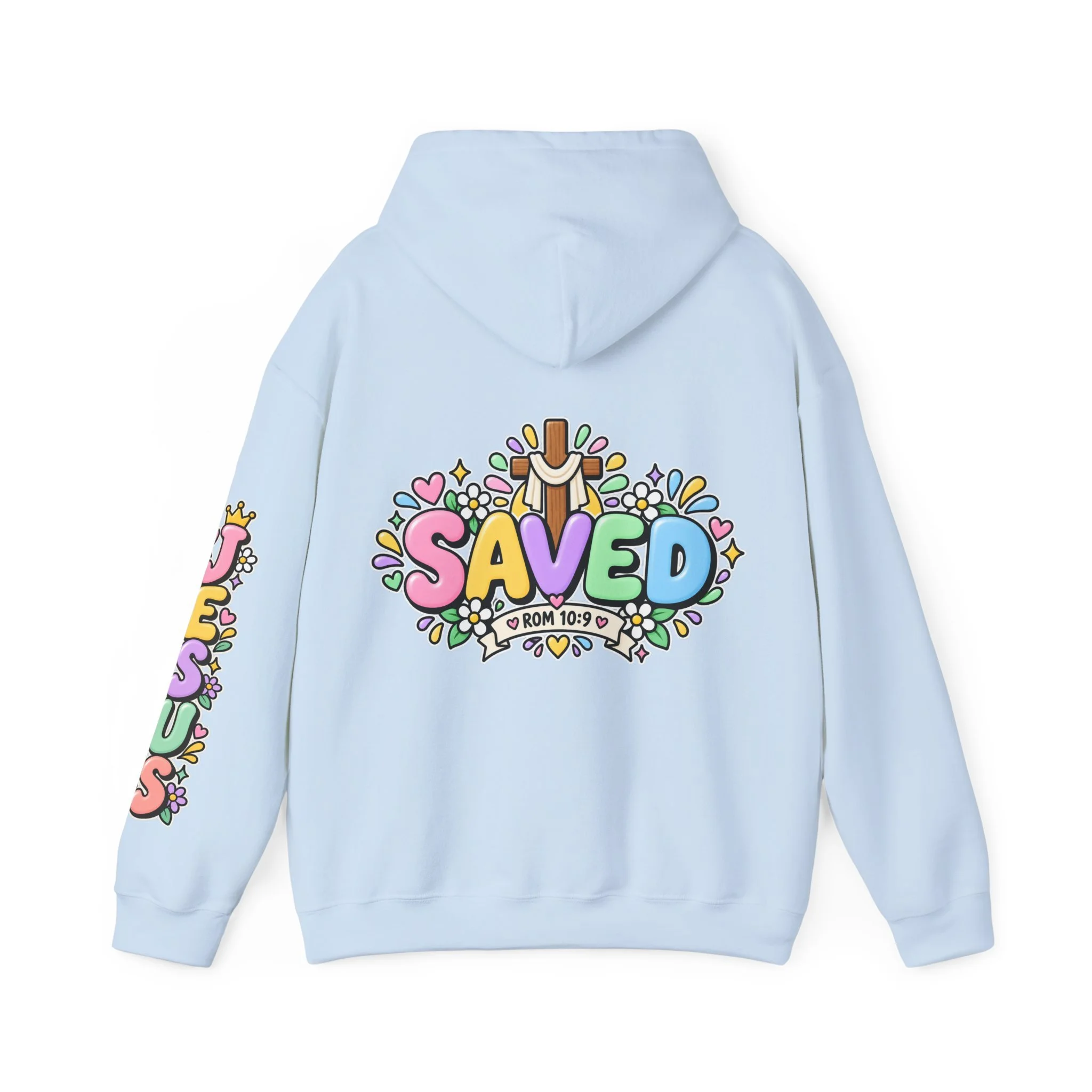 Light Blue Unisex pastel hoodie featuring cute 3D bubble letters spelling SAVED with flowers, hearts, a wooden cross, and a banner reading ROM 10:9.