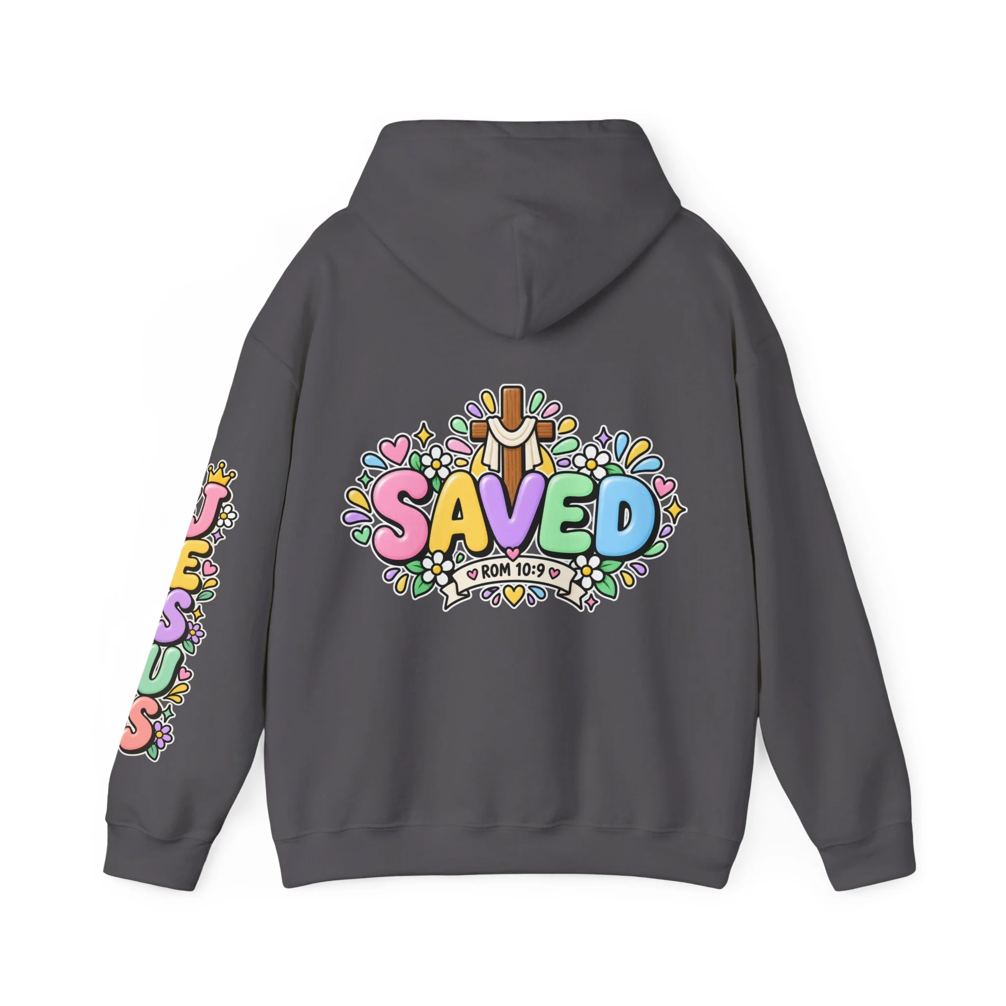 Charcoal Unisex pastel hoodie featuring cute 3D bubble letters spelling SAVED with flowers, hearts, a wooden cross, and a banner reading ROM 10:9.