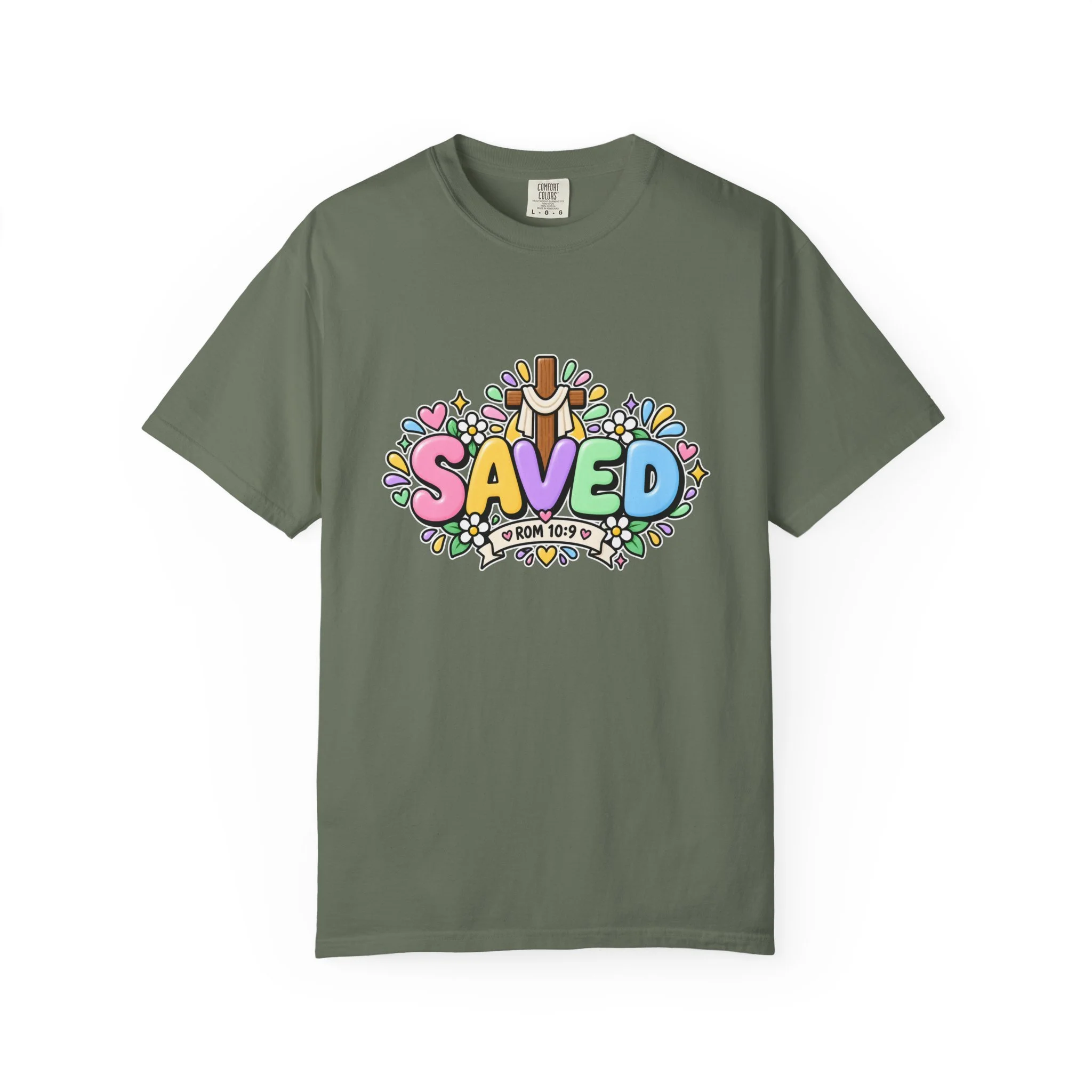 Military Green pastel hoodie featuring cute 3D bubble letters spelling SAVED with flowers, hearts, a wooden cross, and a banner reading ROM 10:9.