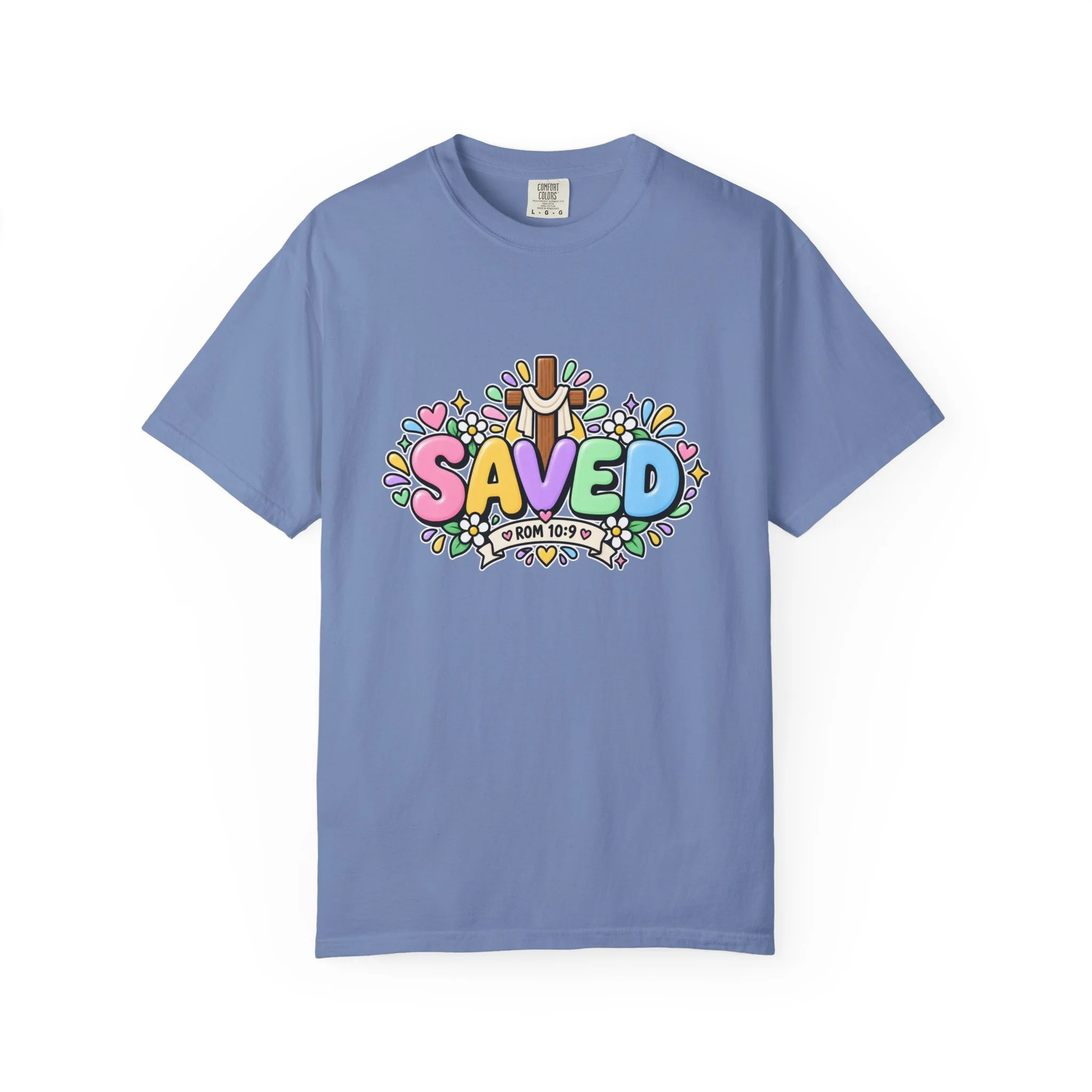 Light Blue pastel hoodie featuring cute 3D bubble letters spelling SAVED with flowers, hearts, a wooden cross, and a banner reading ROM 10:9.