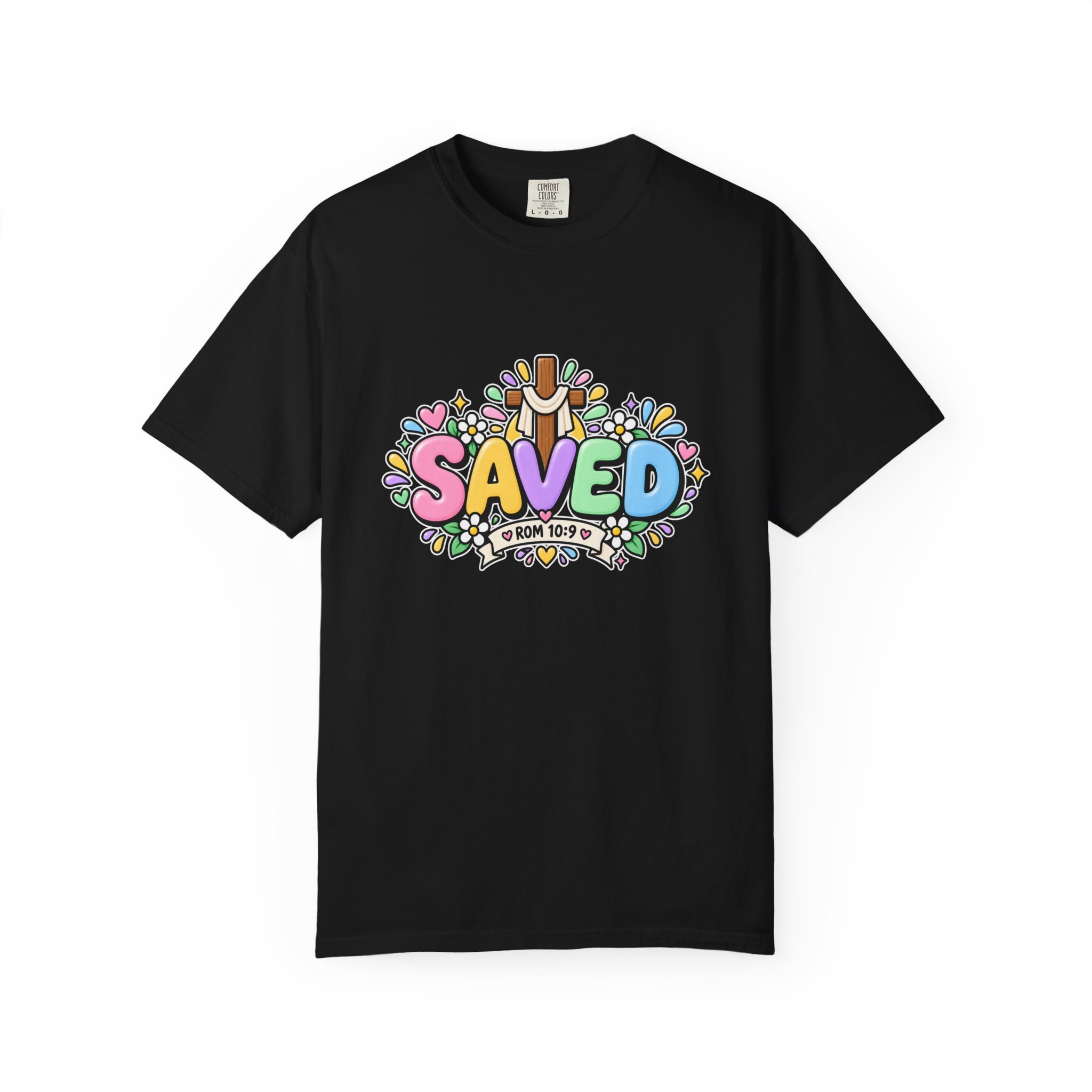 Black pastel hoodie featuring cute 3D bubble letters spelling SAVED with flowers, hearts, a wooden cross, and a banner reading ROM 10:9.