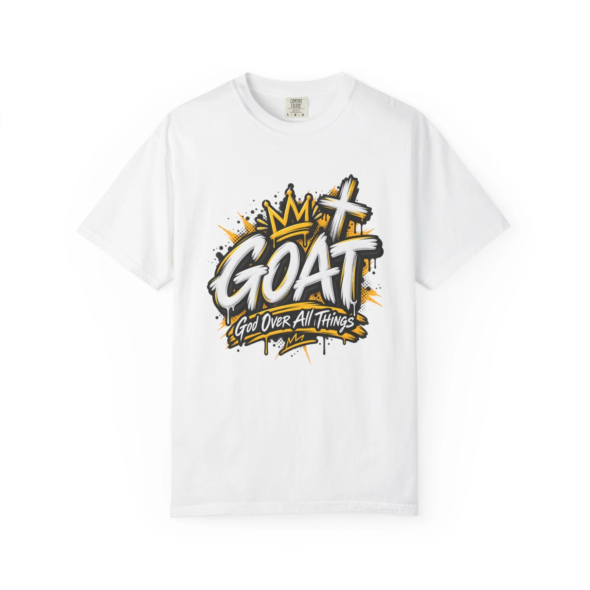 white unisex t-shirt featuring yellow and white graffiti lettering spelling GOAT, a crown, a cross, and 'God Over All Things'.