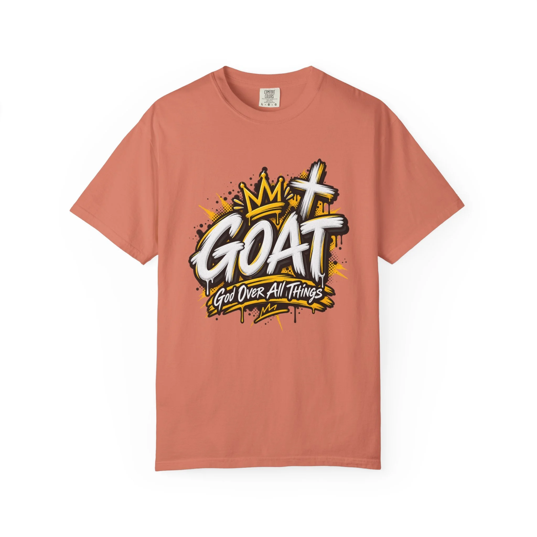 Terracote unisex t-shirt featuring yellow and white graffiti lettering spelling GOAT, a crown, a cross, and 'God Over All Things'.